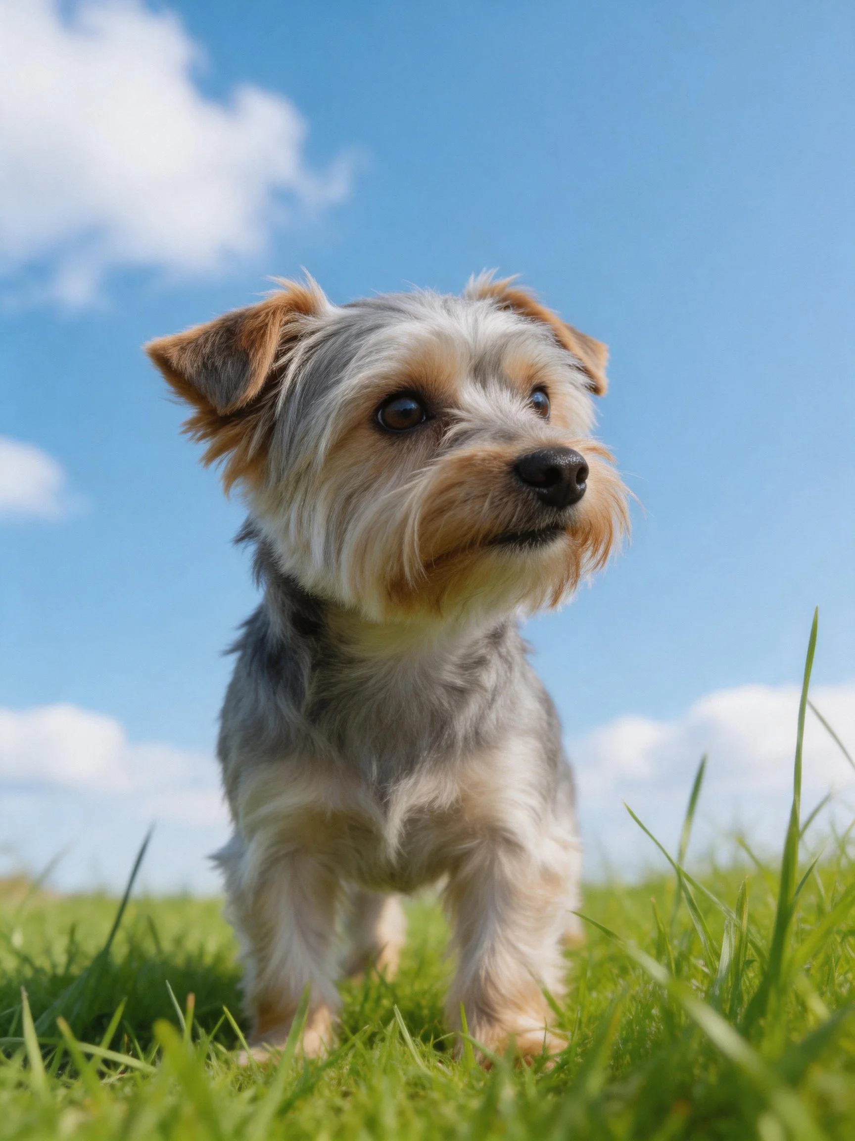A small gray and tan dog stands on lush green grass beneath a clear blue sky with scattered clouds.