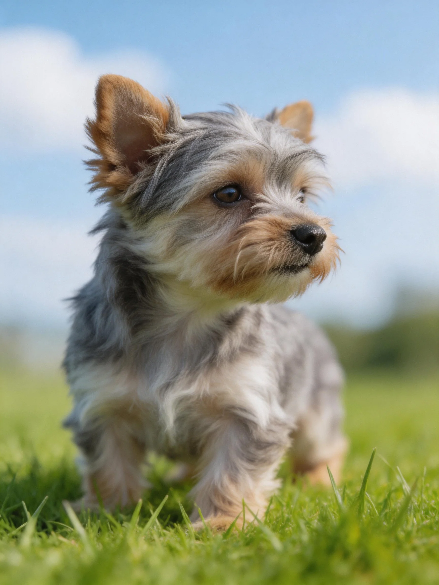 A small gray and tan puppy stands on green grass under a blue sky