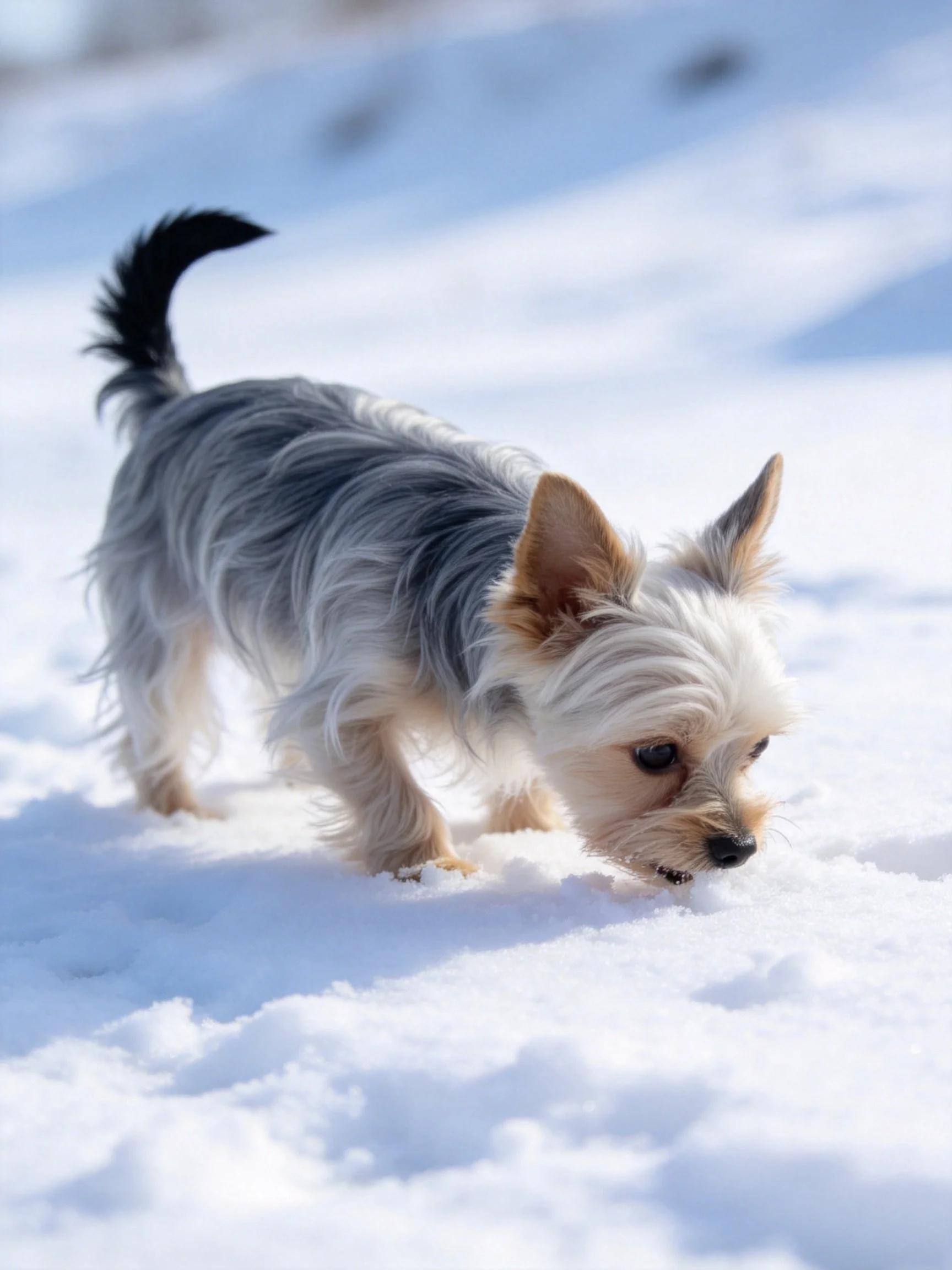 A small gray and white dog explores the bright snowy landscape.
