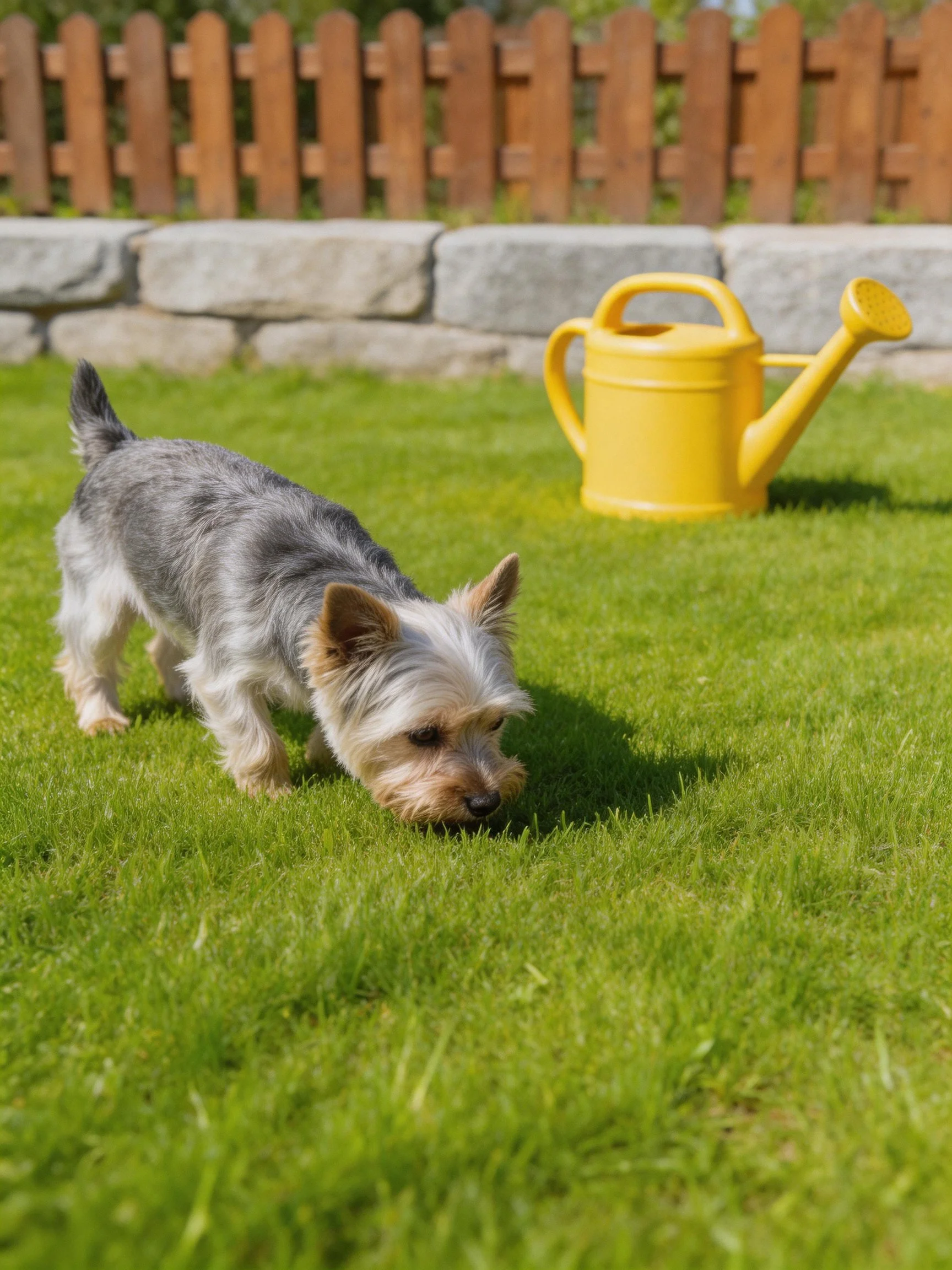 A small dog sniffs the grass in a sunny backyard with a yellow watering can nearby.