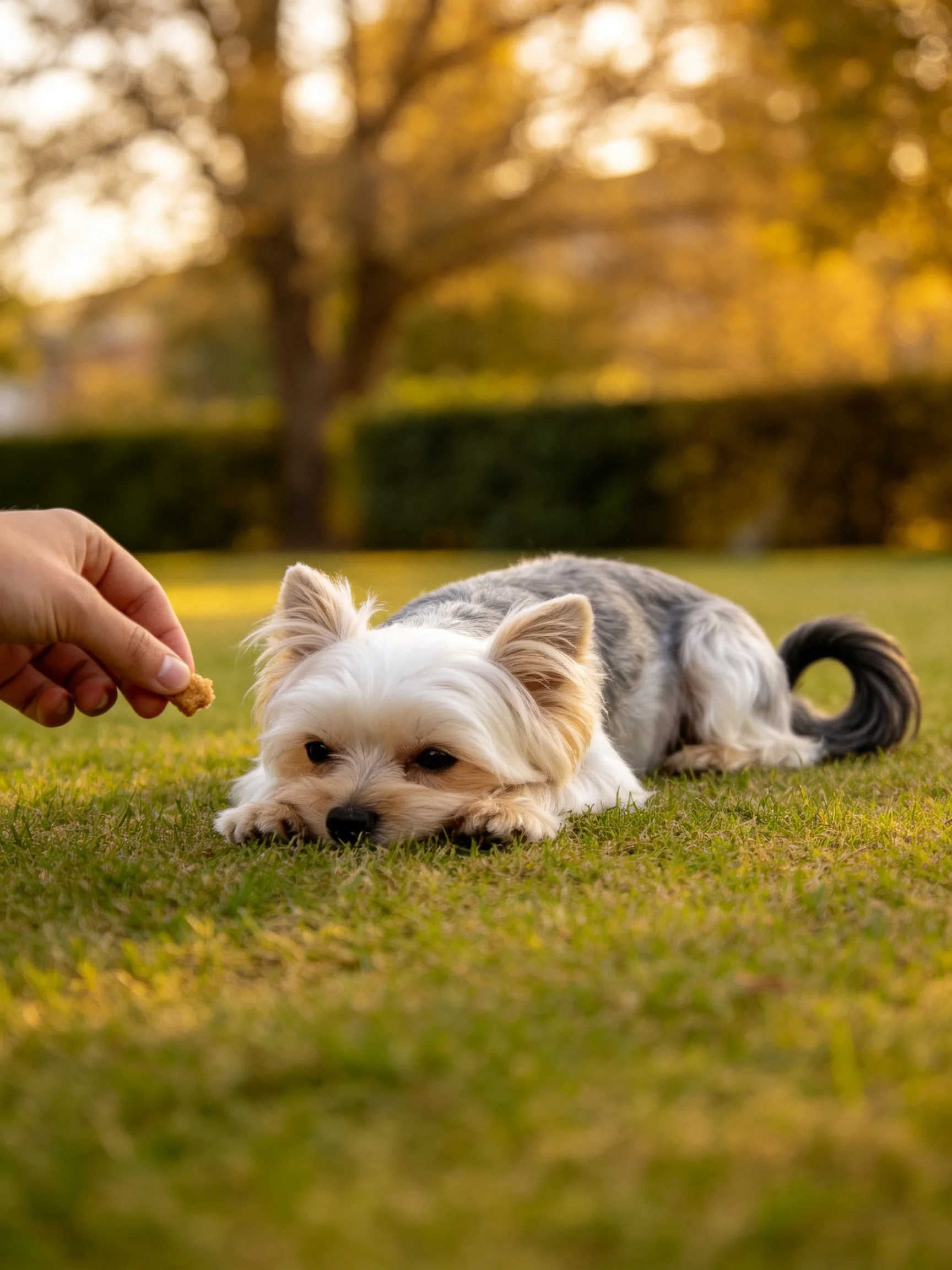 A small dog lies on grass while a hand offers a treat outdoors.