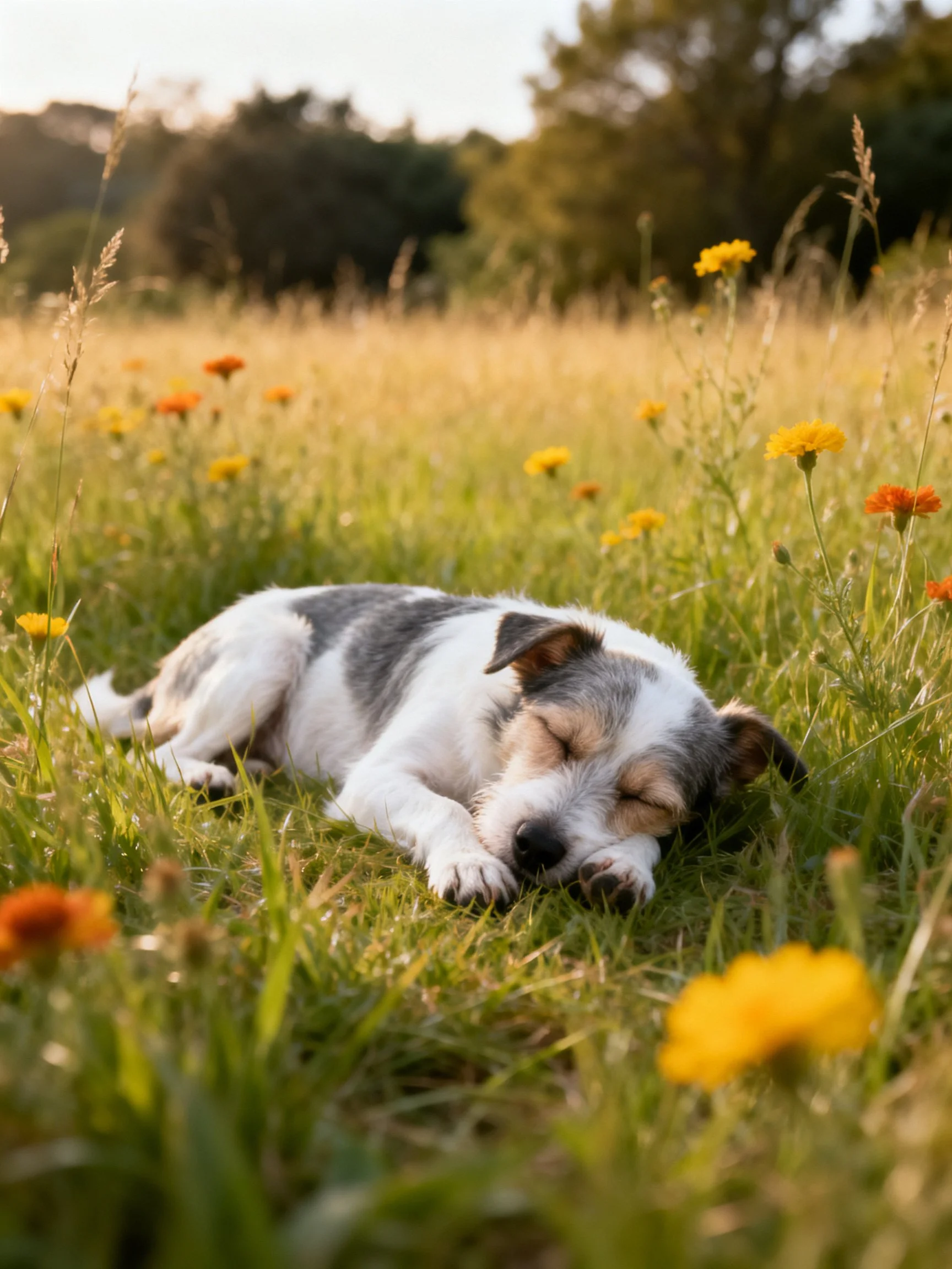 A small dog rests in a sunlit meadow with wildflowers.