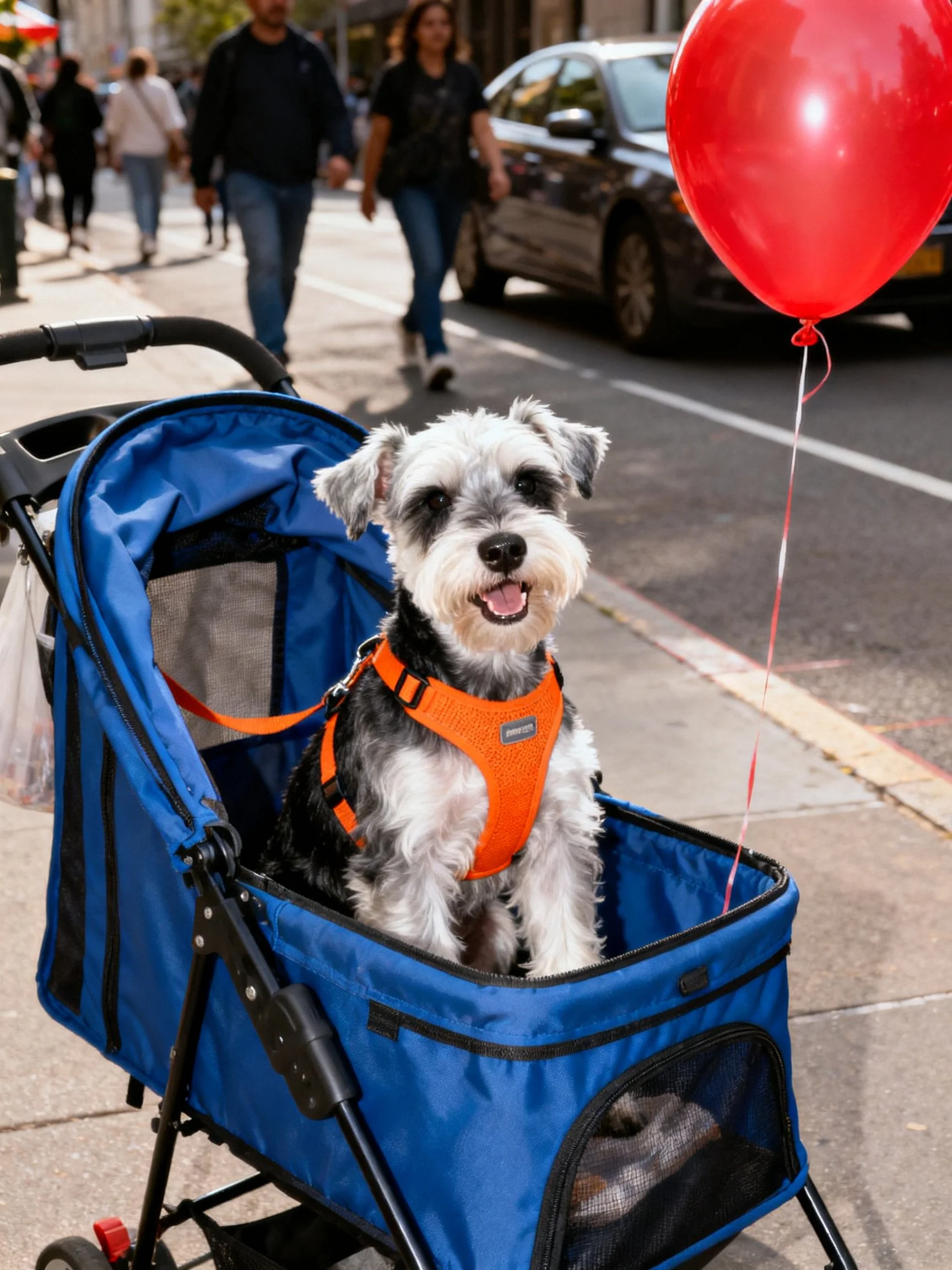 A small dog enjoys a ride in a blue stroller with a red balloon nearby.
