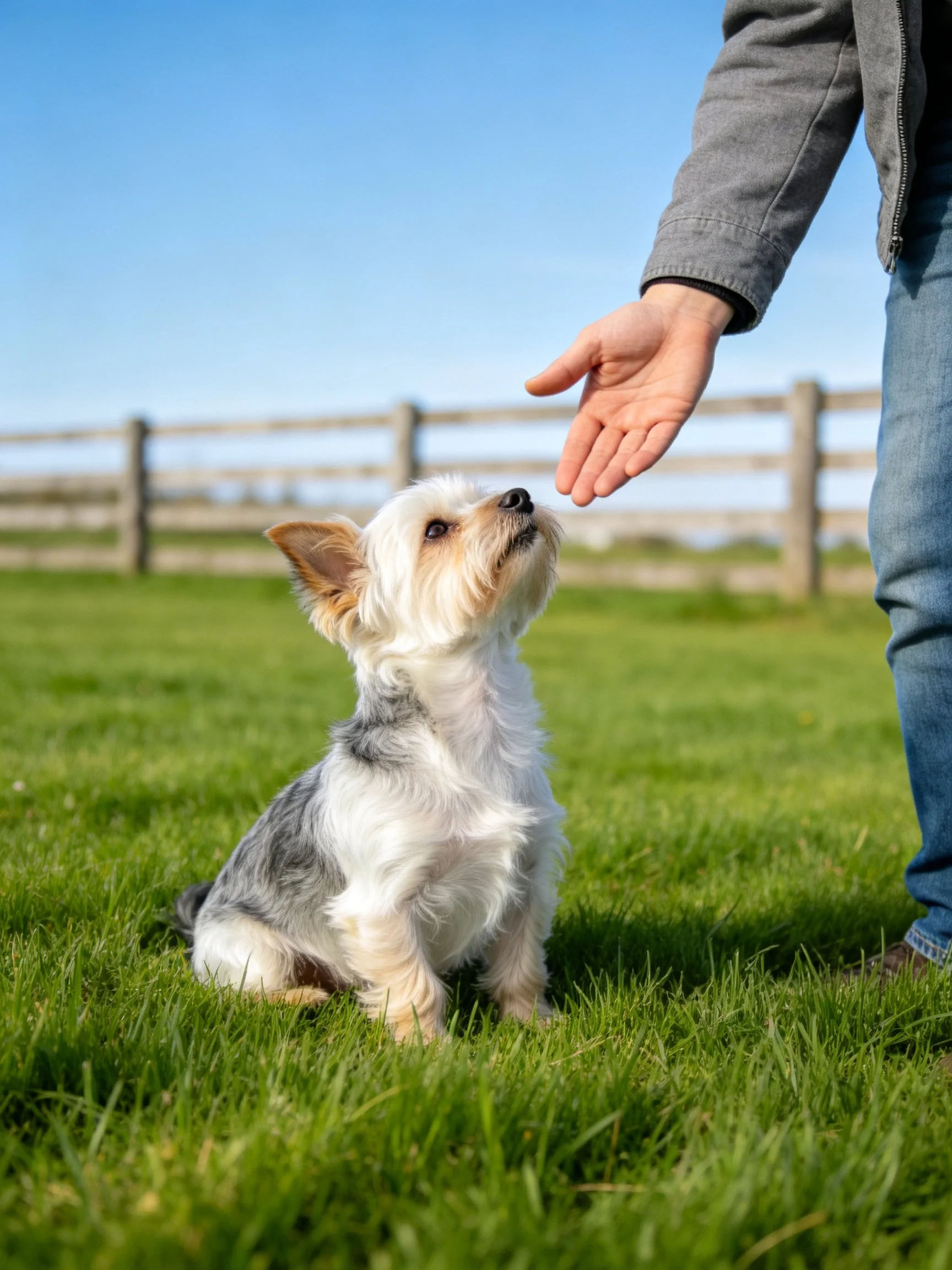 A small dog sits on grass, looking up at a person’s extended hand.