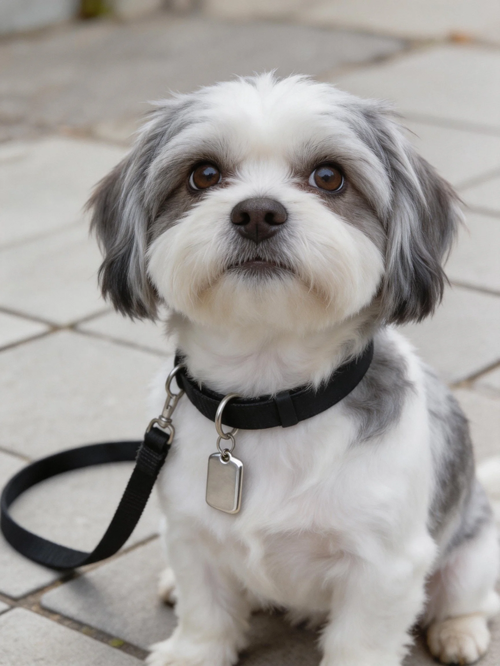 A small gray and white dog sits calmly on tiled pavement.