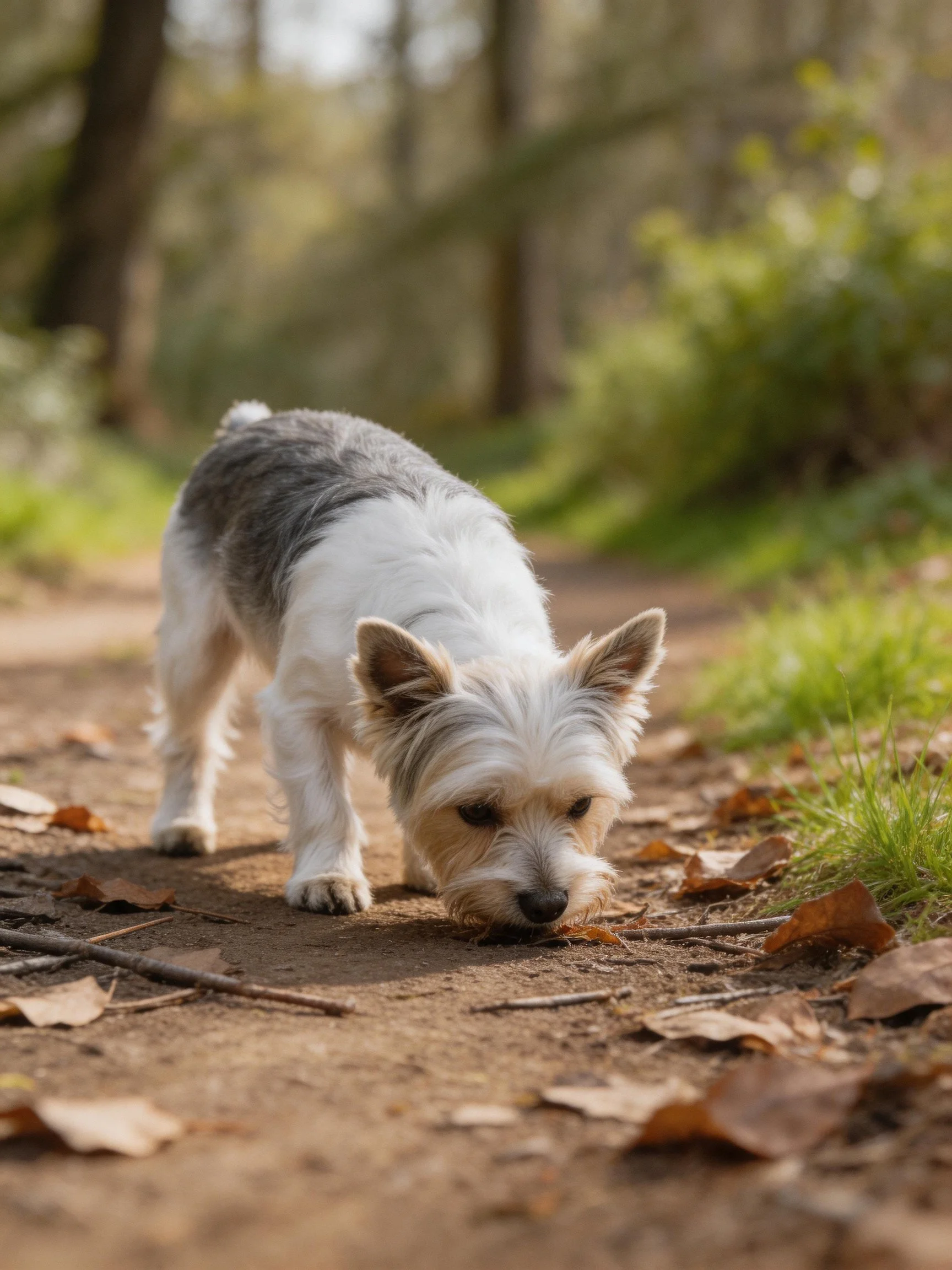 A small dog explores a leaf-covered trail in a wooded area.