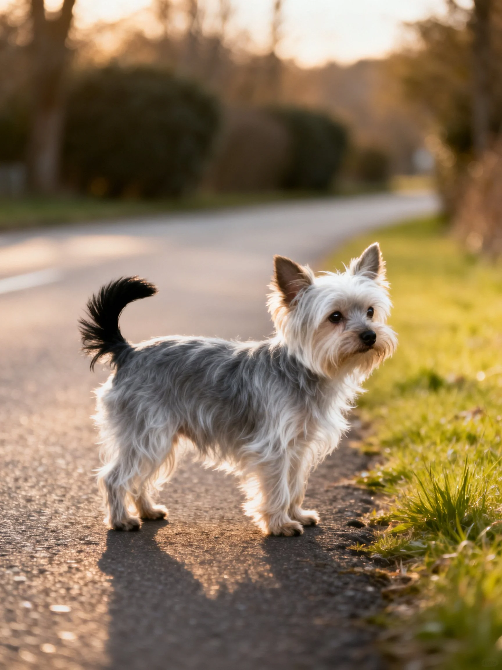 A small dog stands on a sunlit road near green grass