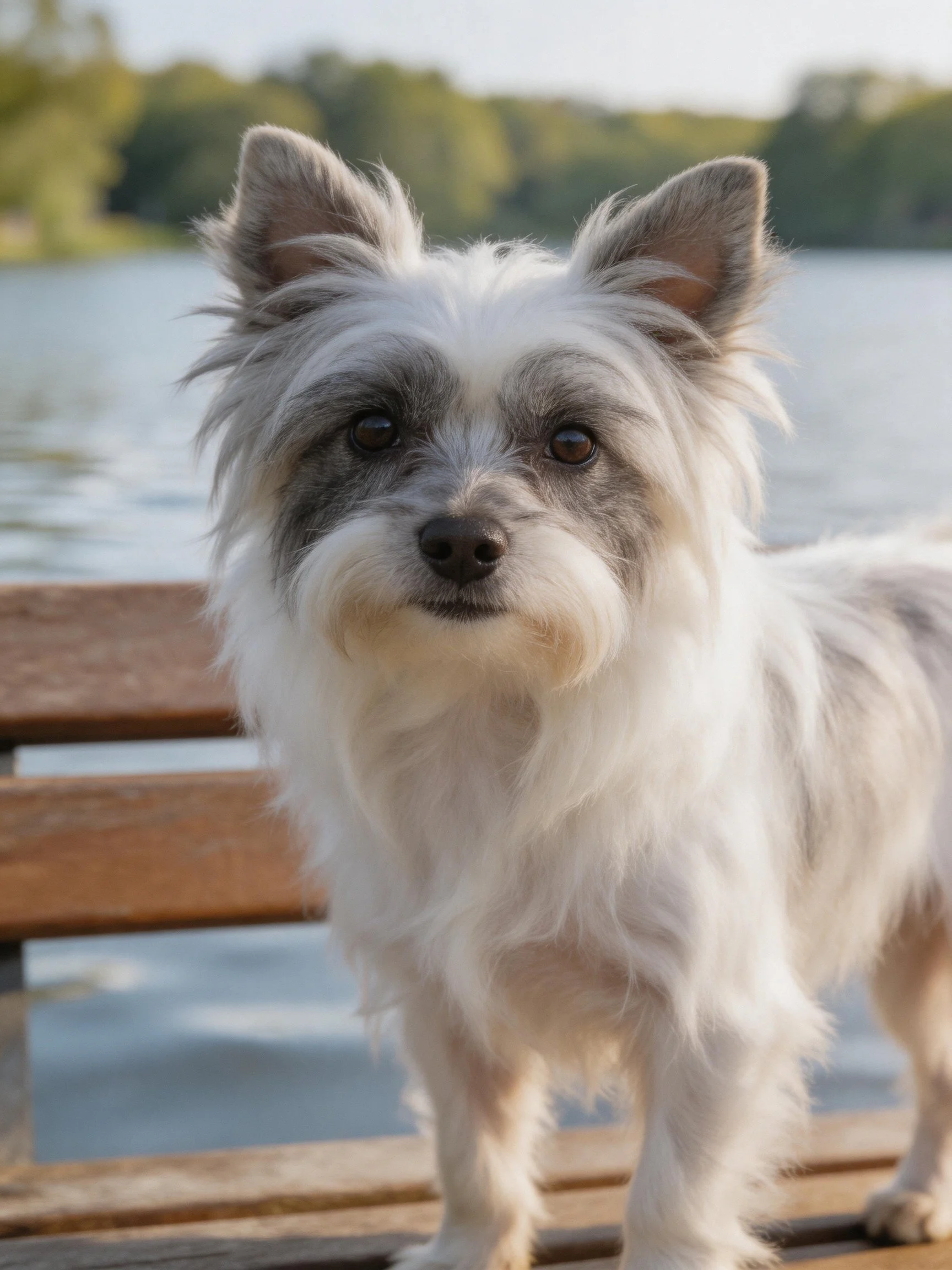 A small gray-and-white dog stands near calm water on a wooden structure.