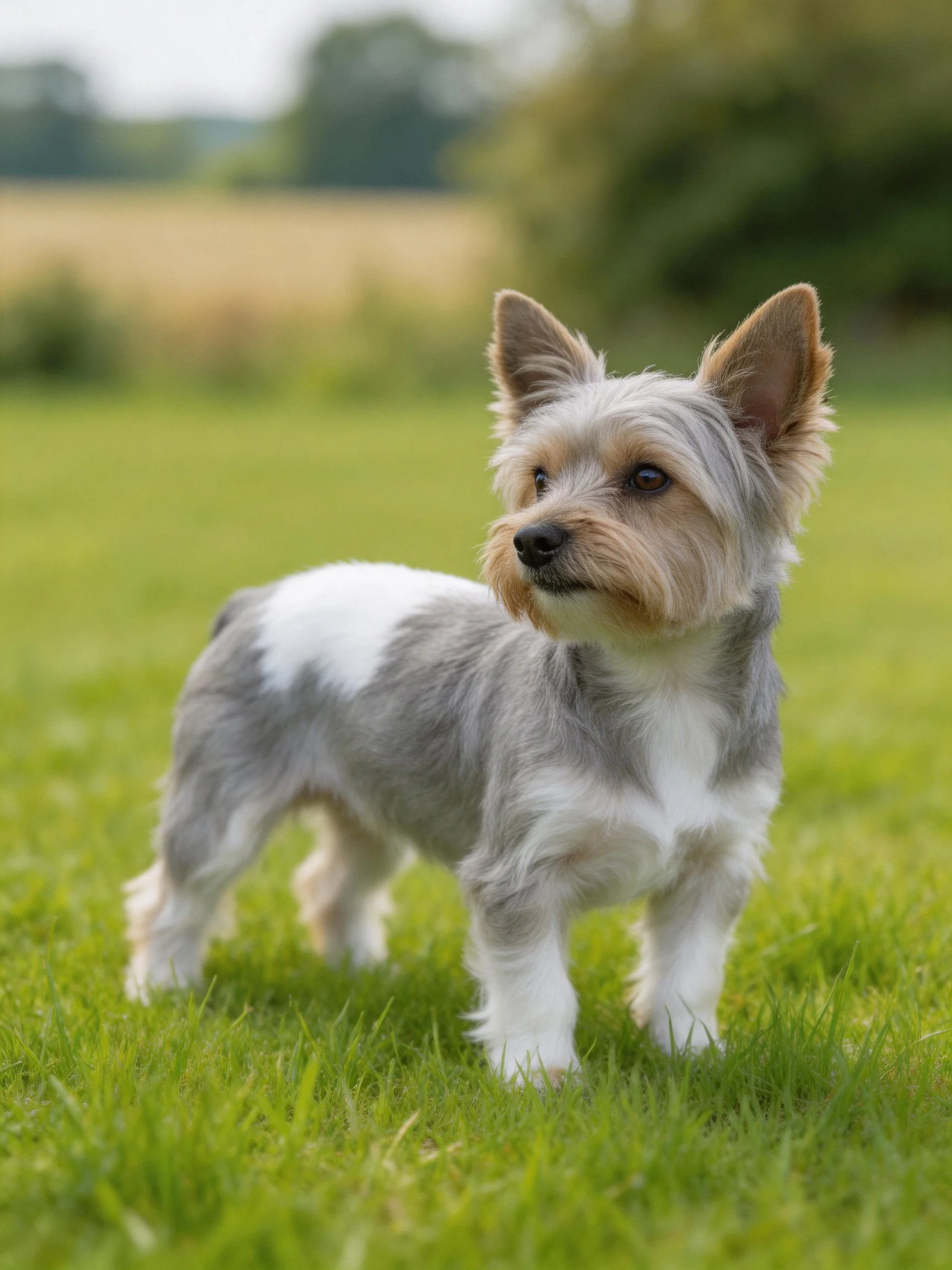 A small gray and white dog stands alertly on a grassy field.