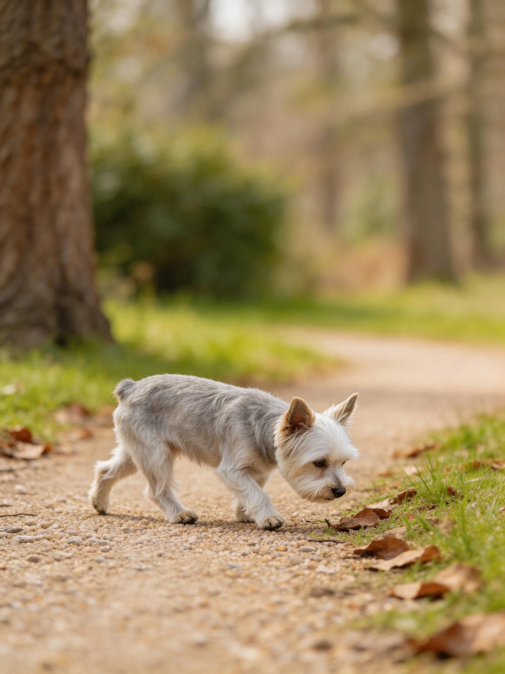 A small gray and white dog explores a leafy path in a wooded setting.
