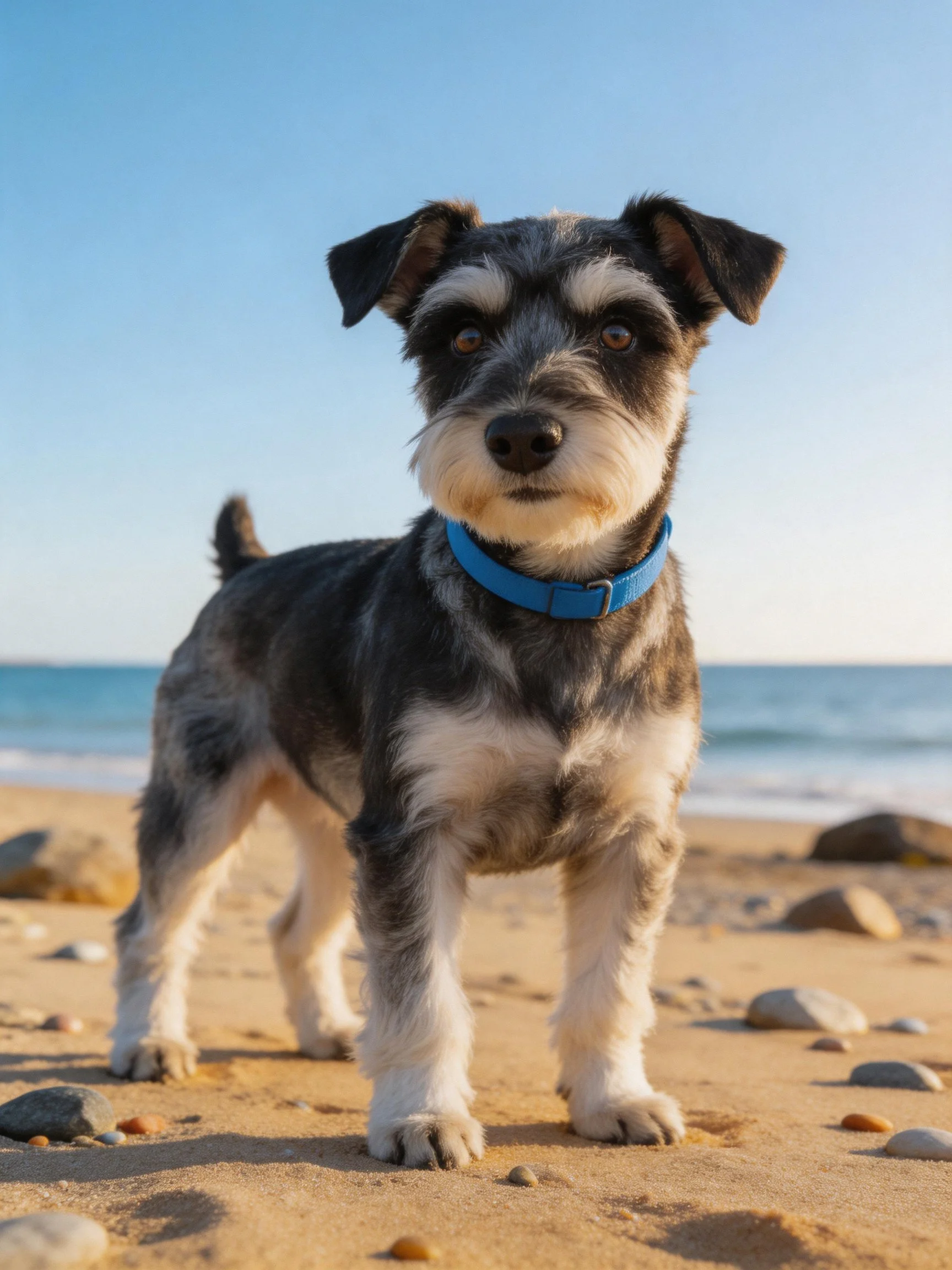 A small dog with a blue collar stands on a sandy beach near the ocean