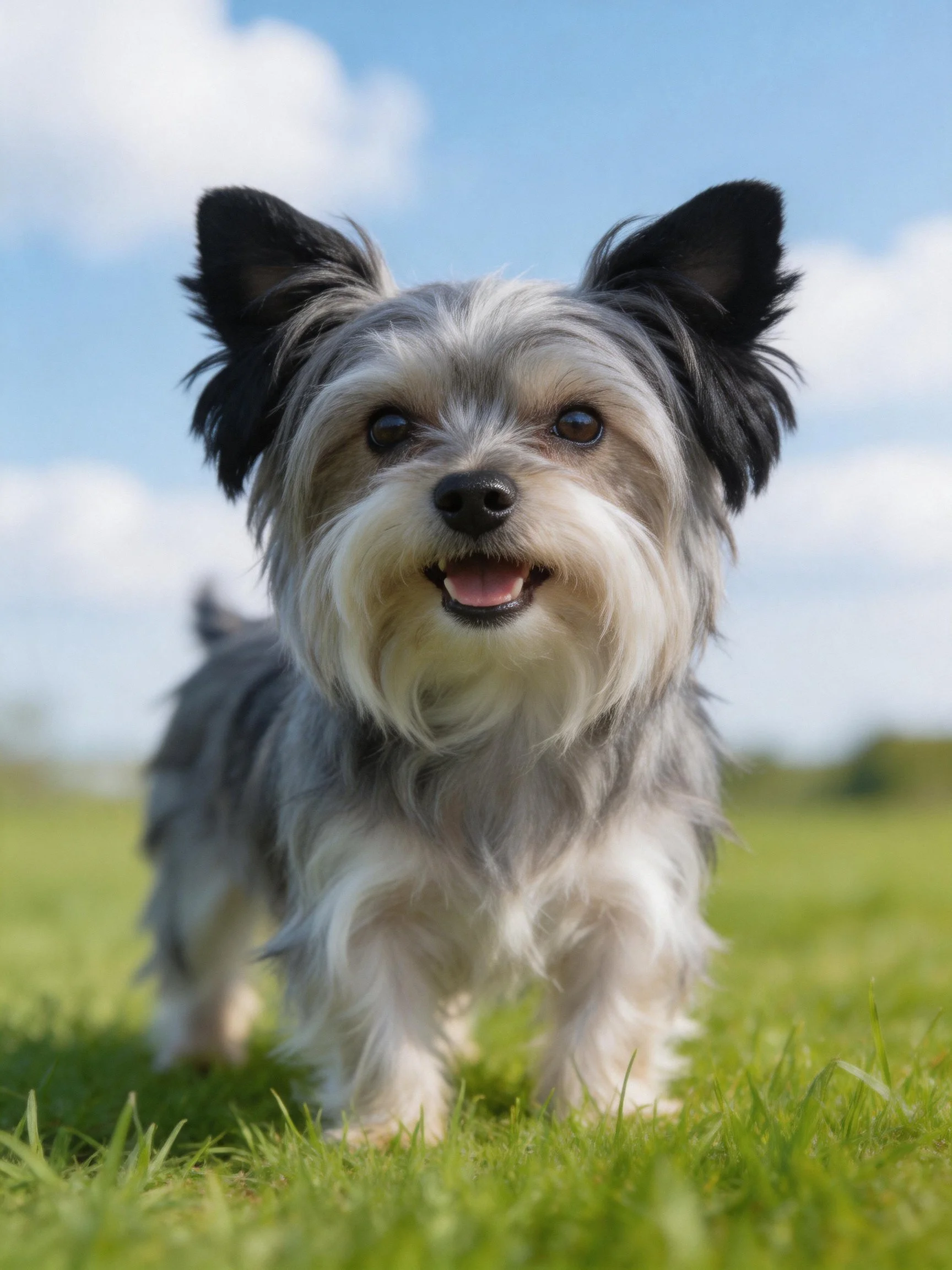A small gray and white dog stands on green grass with a blue sky backdrop.