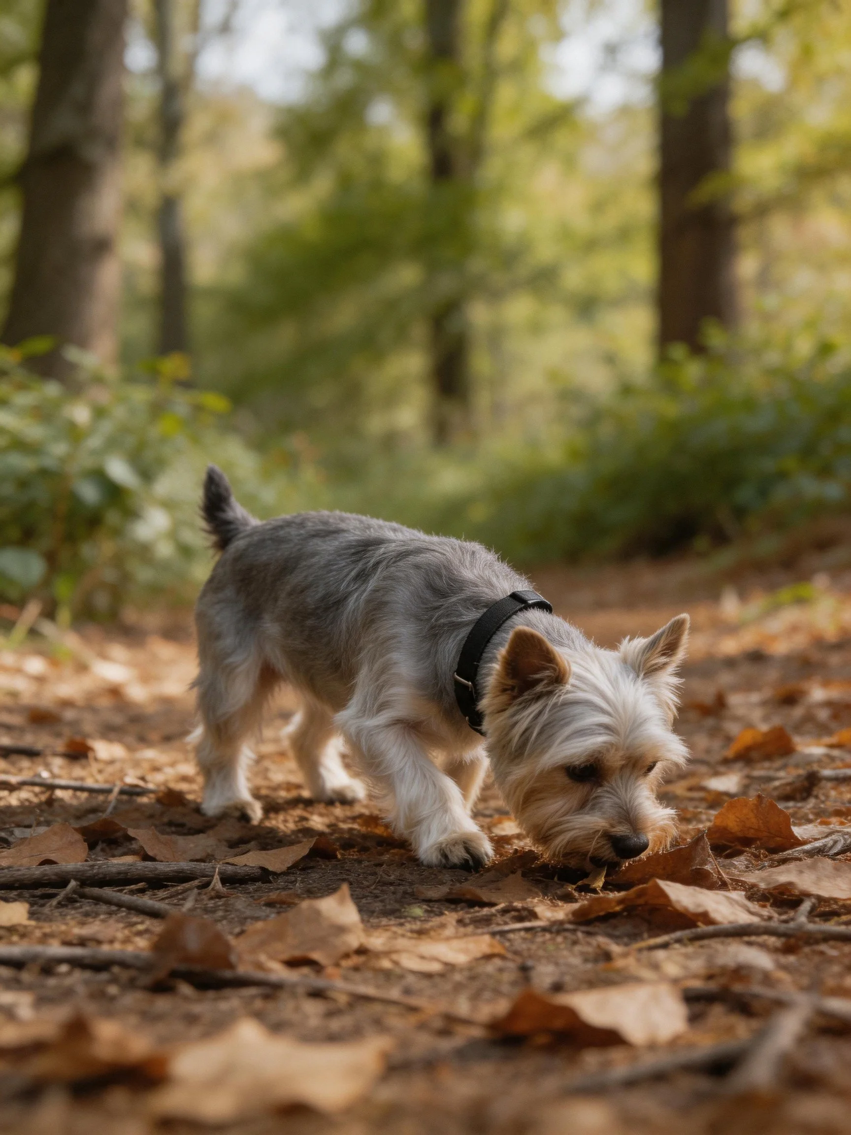 A small gray dog sniffs along a leaf-strewn forest path.