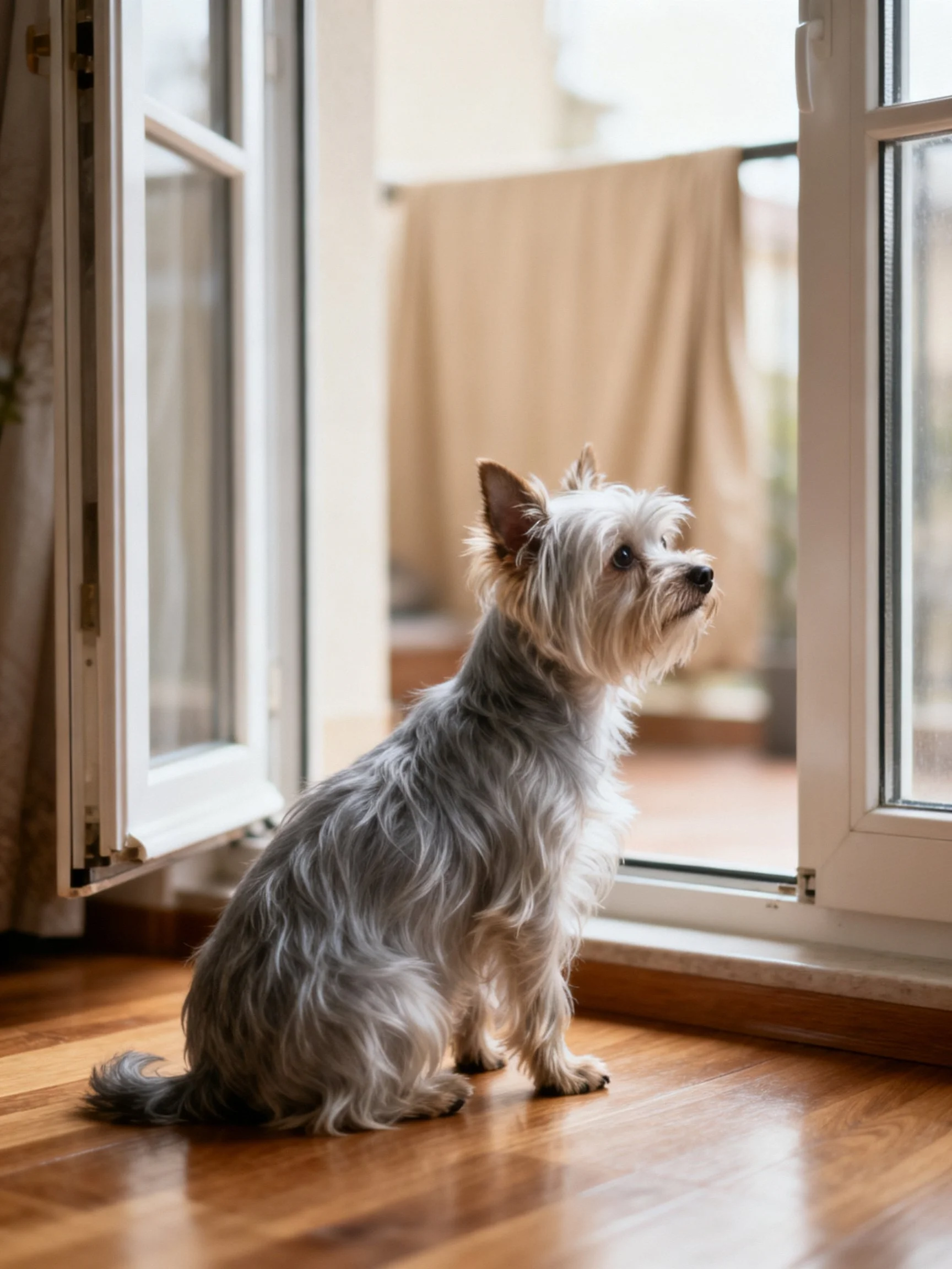 A small gray dog sits near an open window on a wooden floor.
