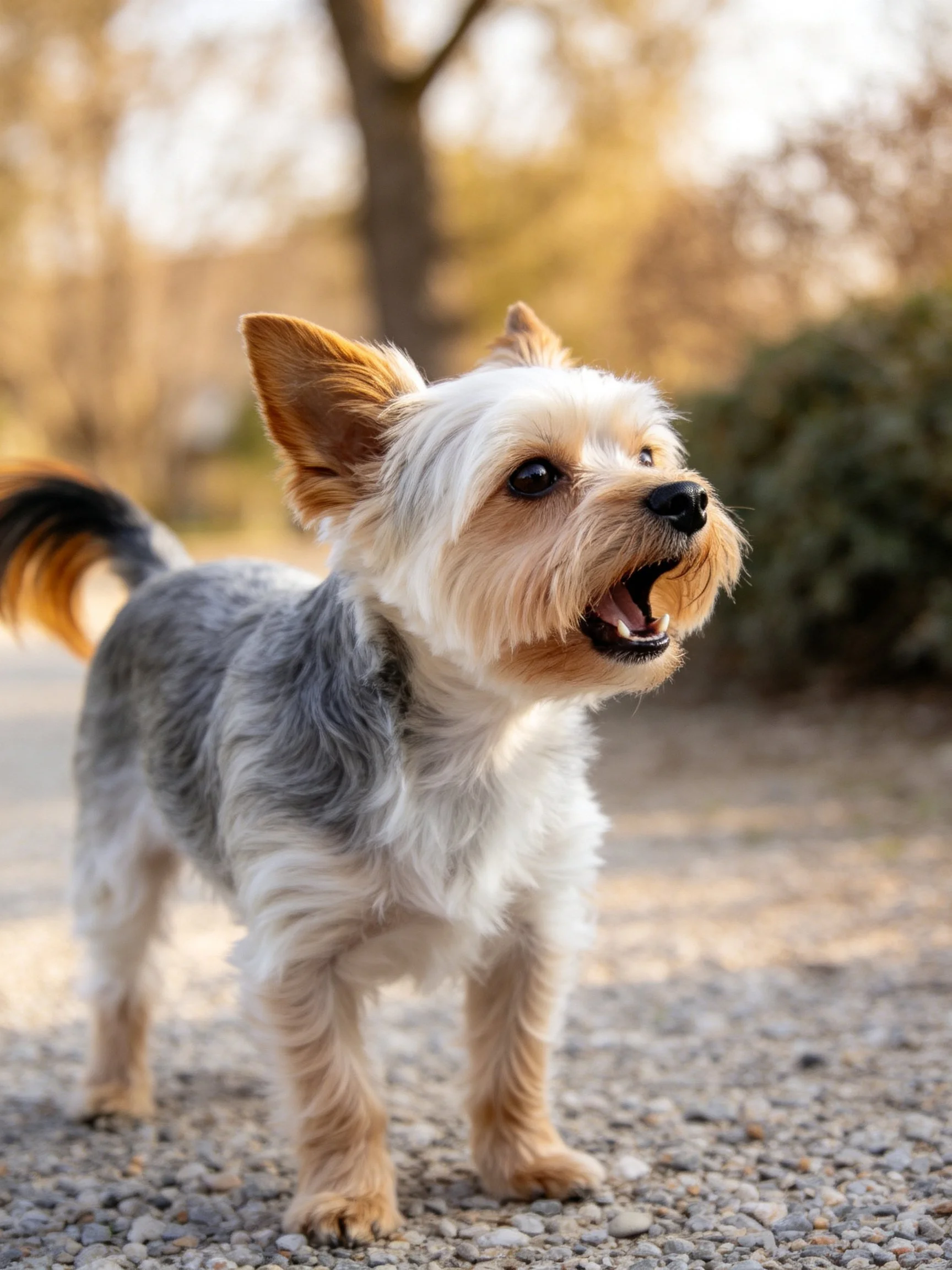 A small gray, white, and tan dog barks on a gravel path in an outdoor setting.