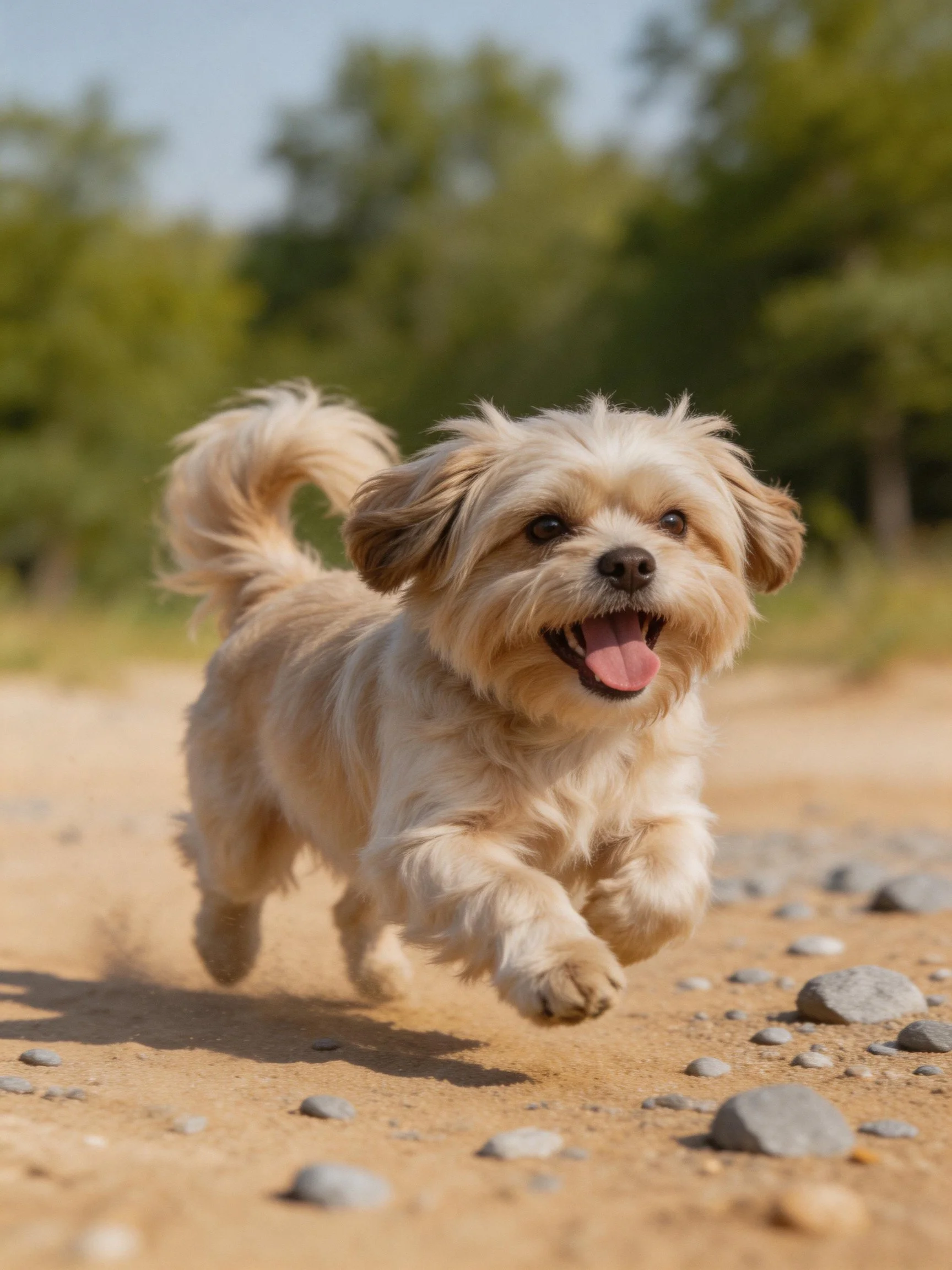 A small dog joyfully runs along a rocky dirt path outdoors.