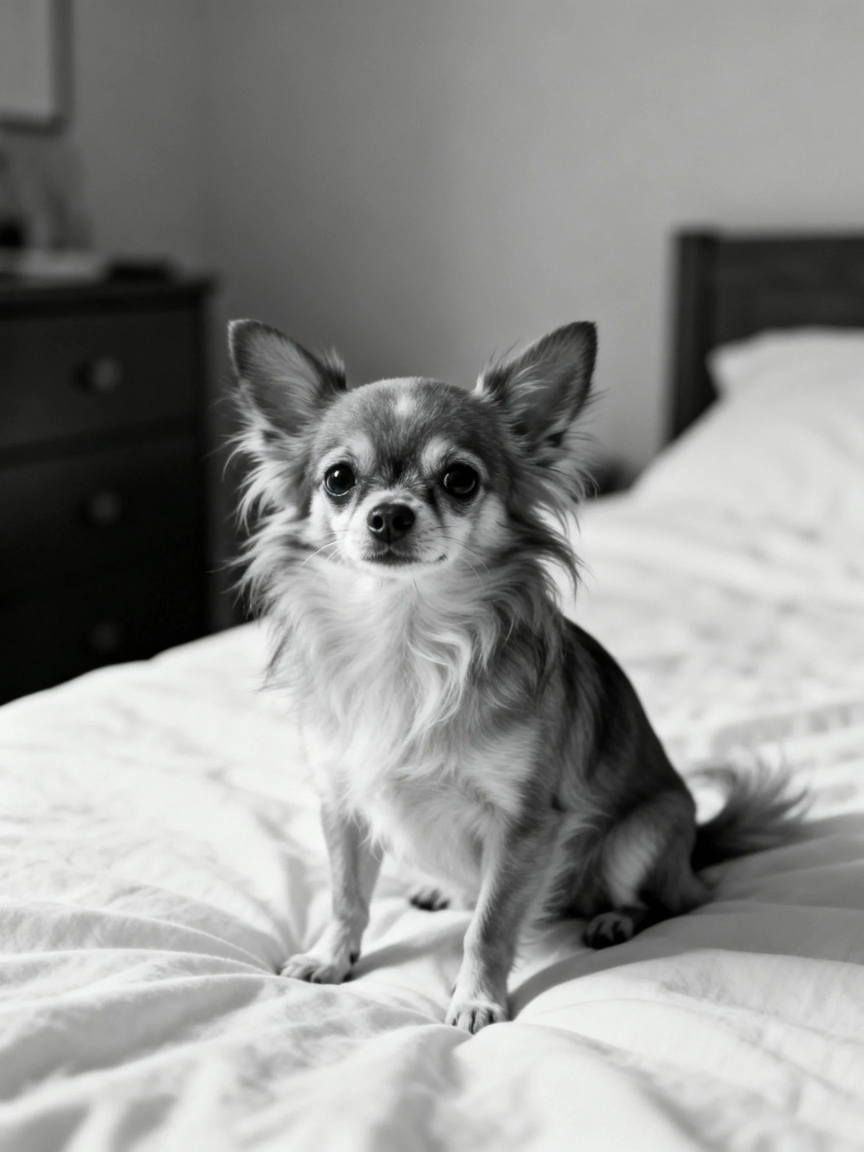 A small dog sits on a bed in a softly lit bedroom.