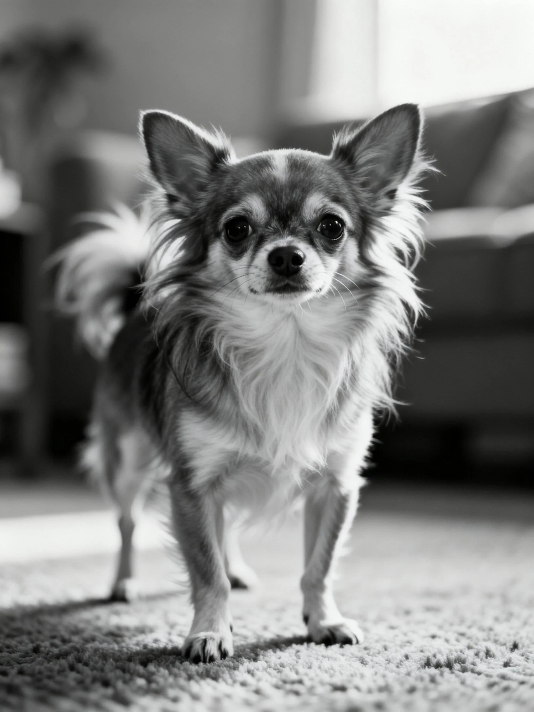 A small dog stands on a carpet in an indoor space.