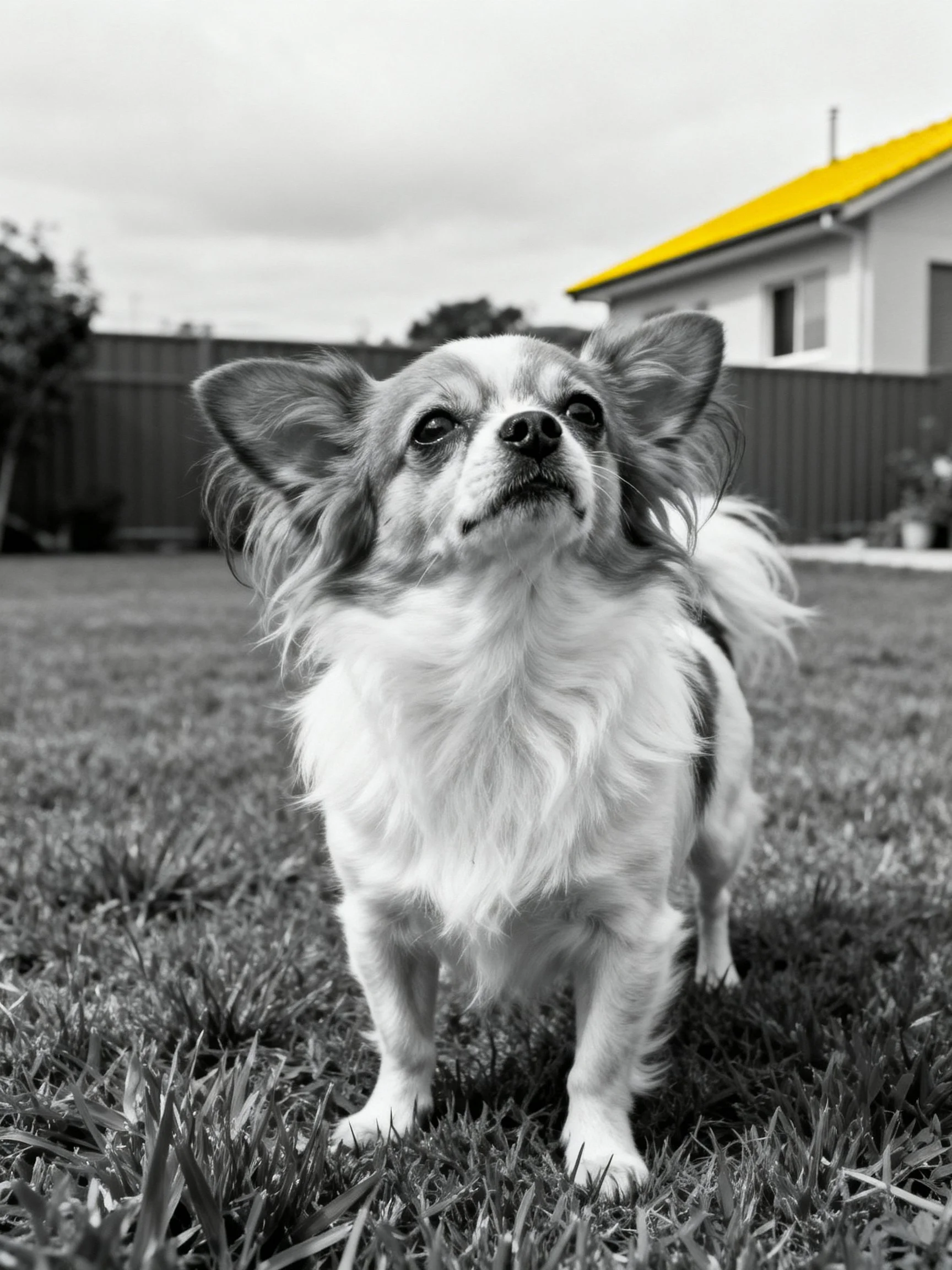 A small long-haired dog stands on grass near a house with bright yellow roof