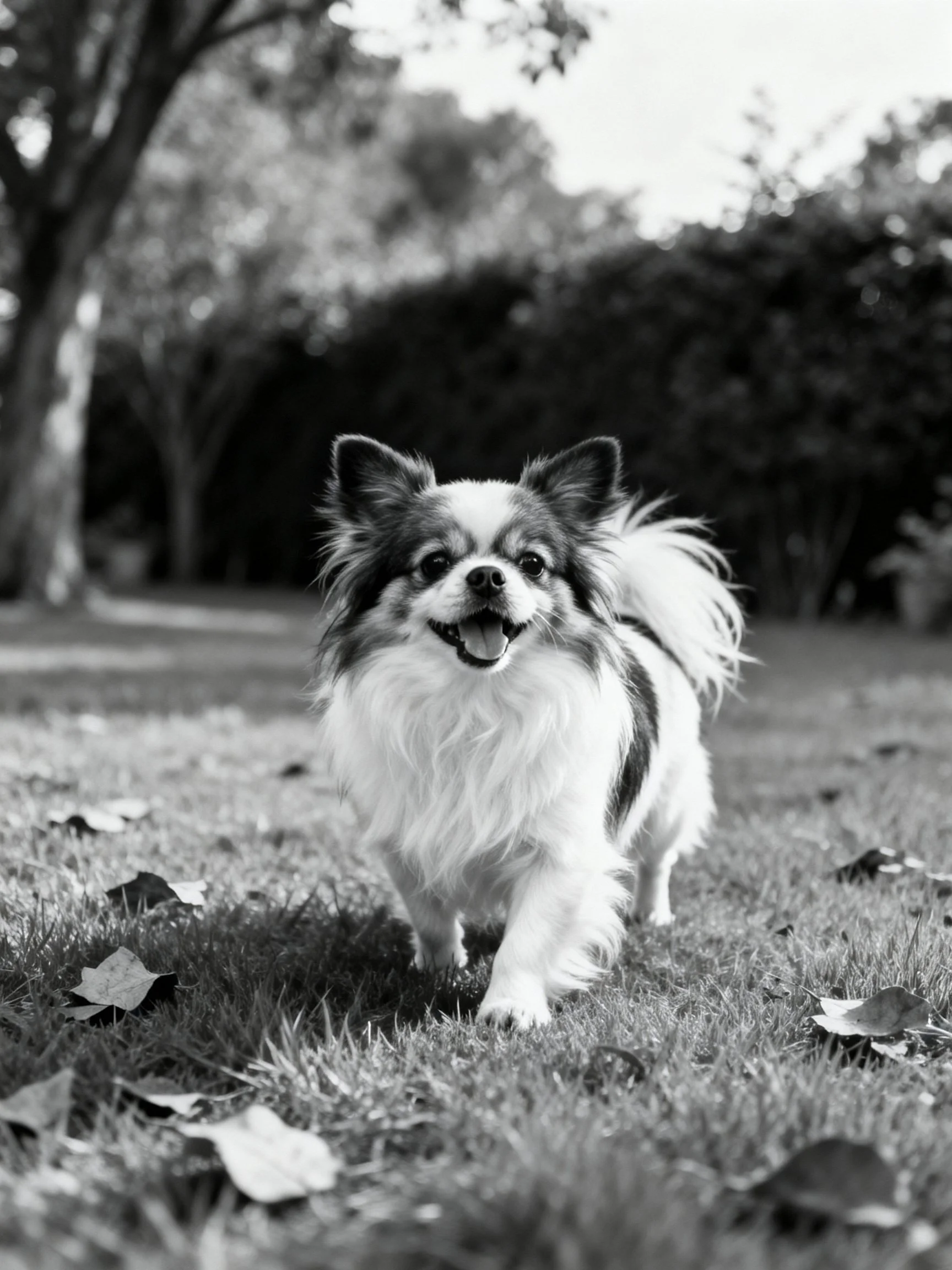A small long-haired dog walks joyfully on grass near trees.