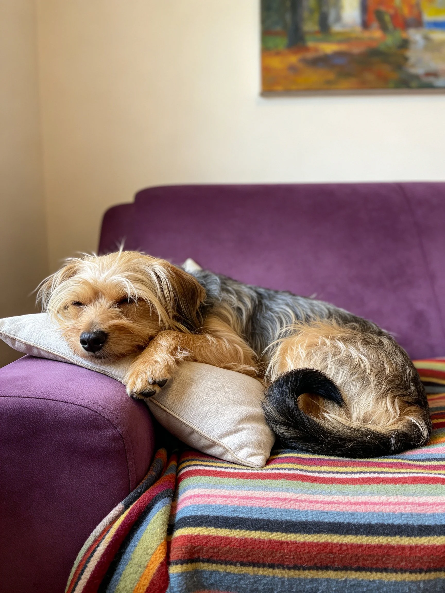 A small mixed-breed dog sleeps peacefully on a purple couch with pillows and a striped blanket