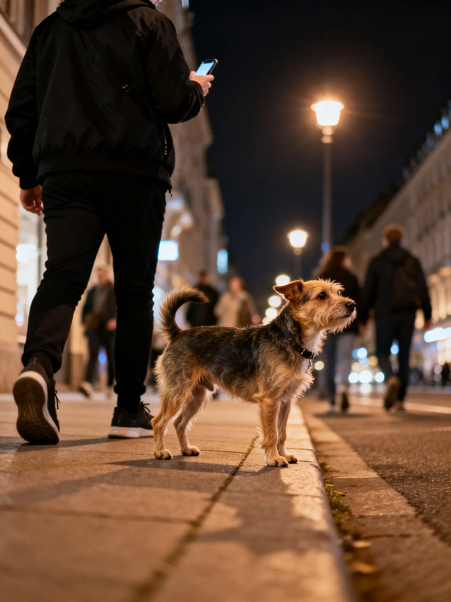 A small dog stands on a nighttime urban sidewalk with pedestrians nearby