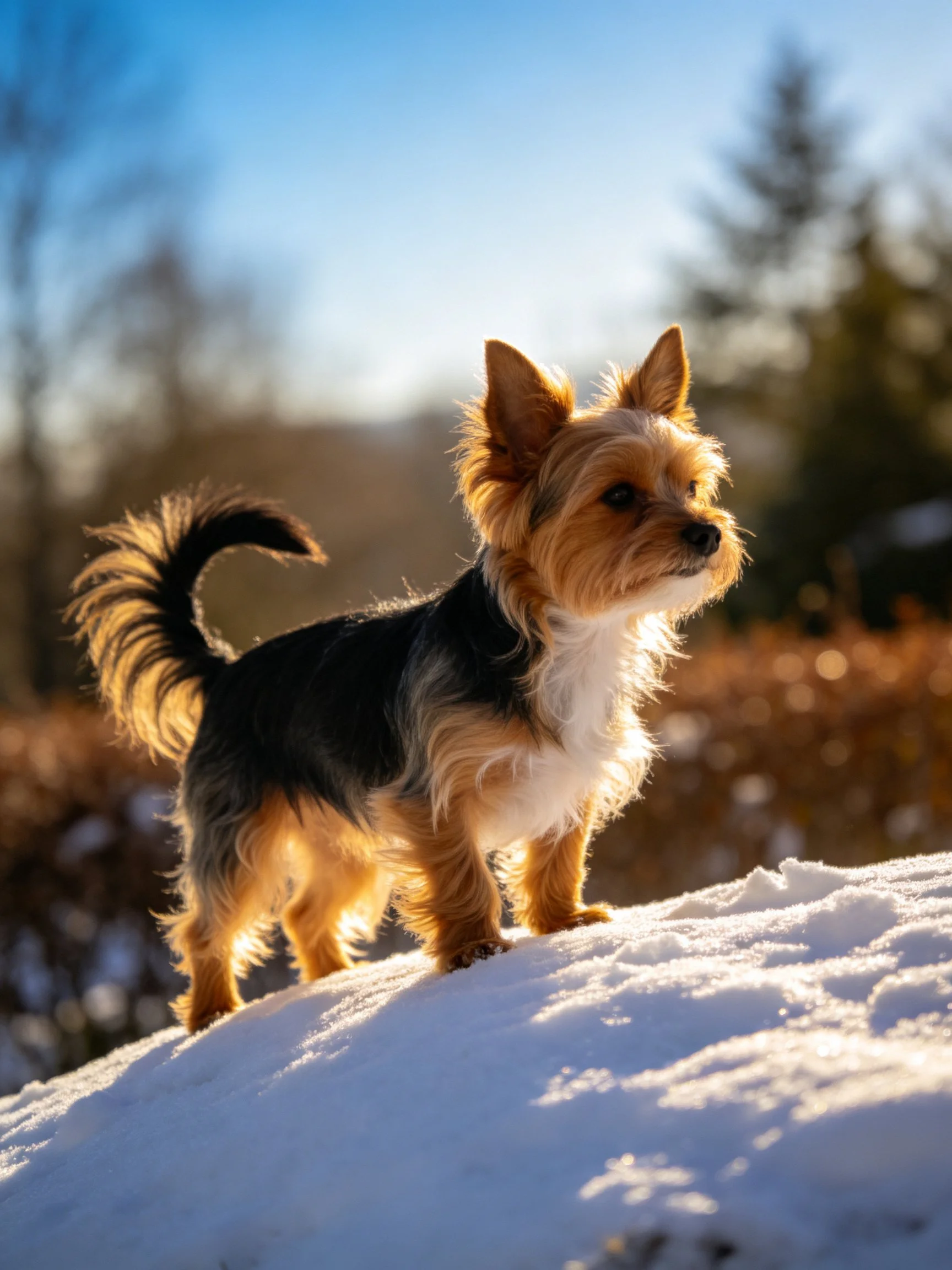 A small mixed-breed dog stands on snow under golden sunlight