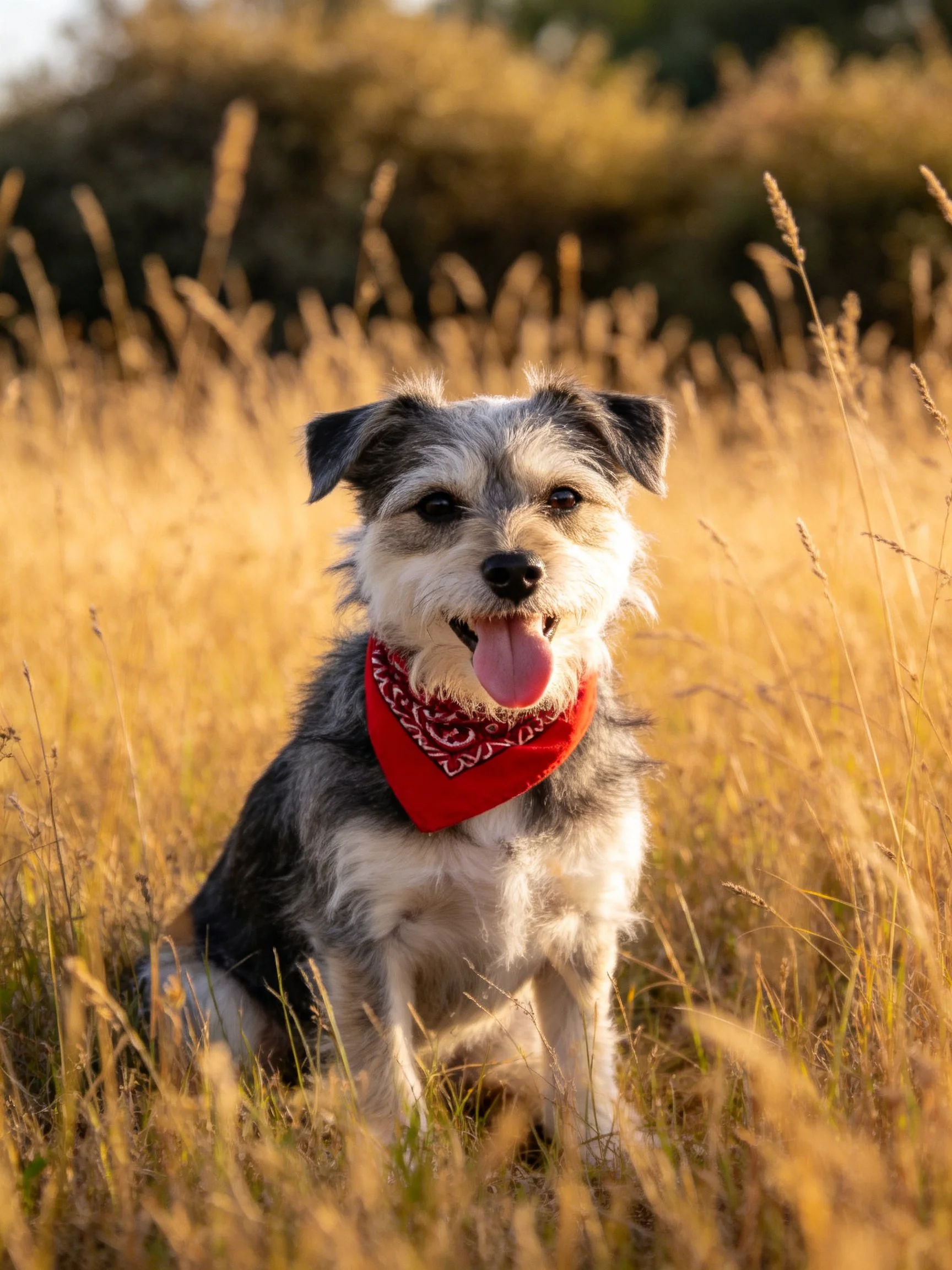 A small dog with a red bandana relaxes in golden grass outdoors.