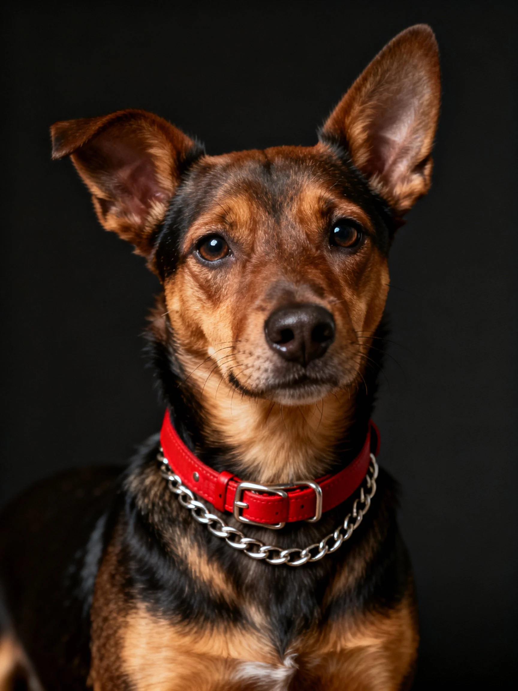 A small mixed-breed dog with brown and black fur wearing a red collar and silver chain