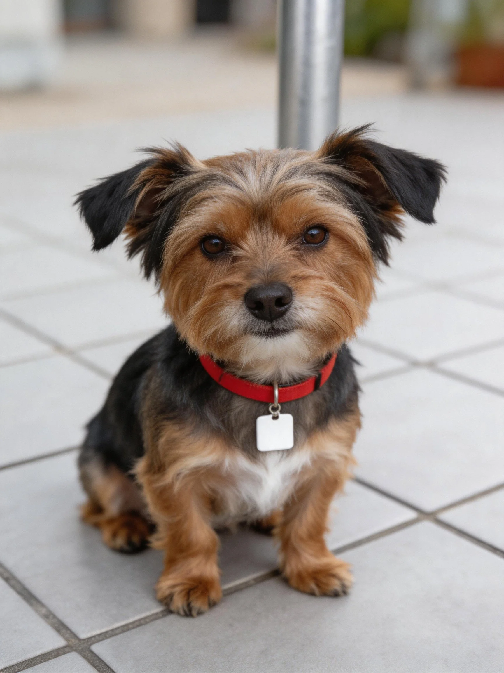 A small mixed - breed dog wearing a red collar sits on tiled pavement.