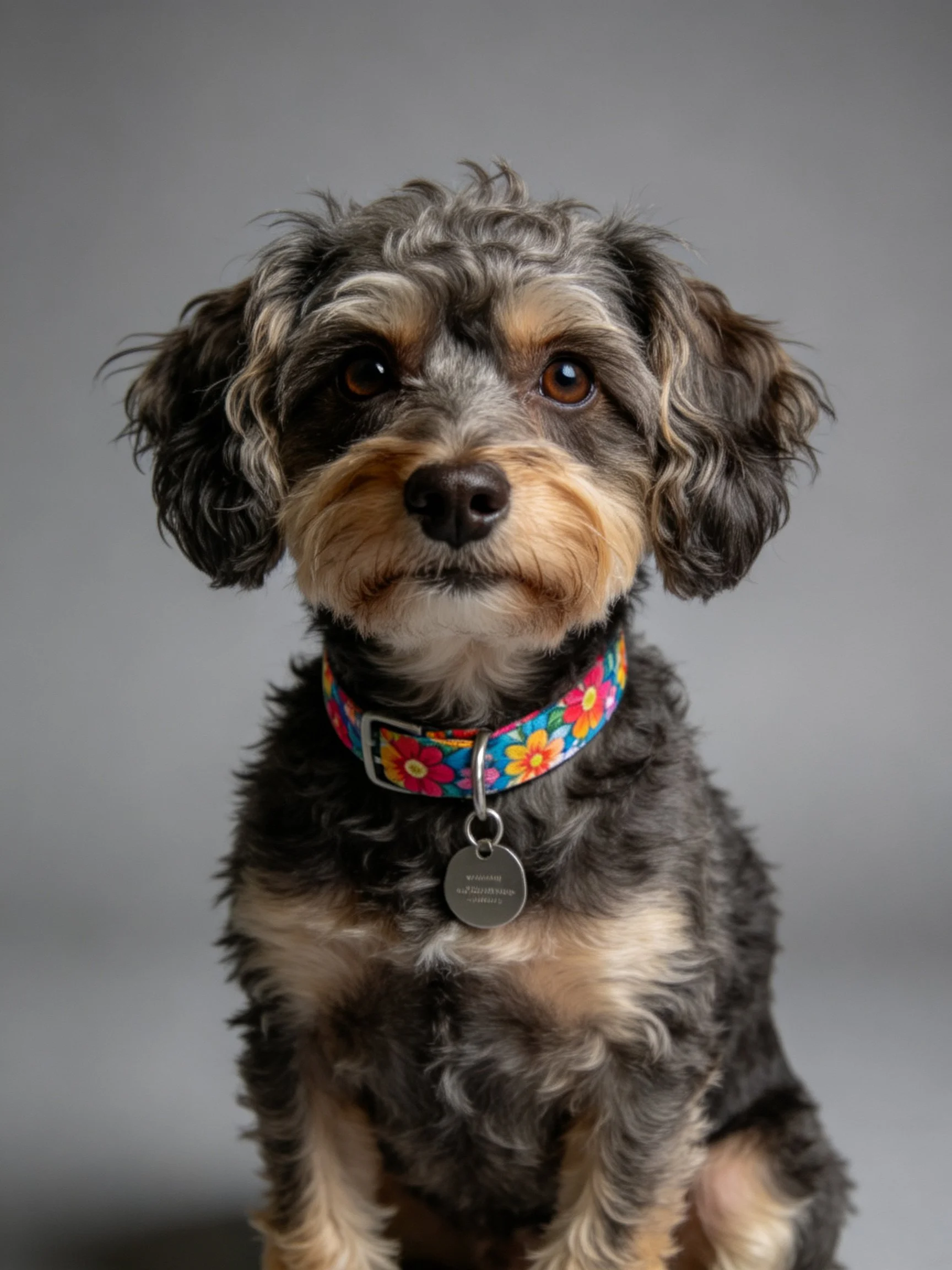 A small mixed - breed dog sits calmly with a vibrant collar against a neutral backdrop.