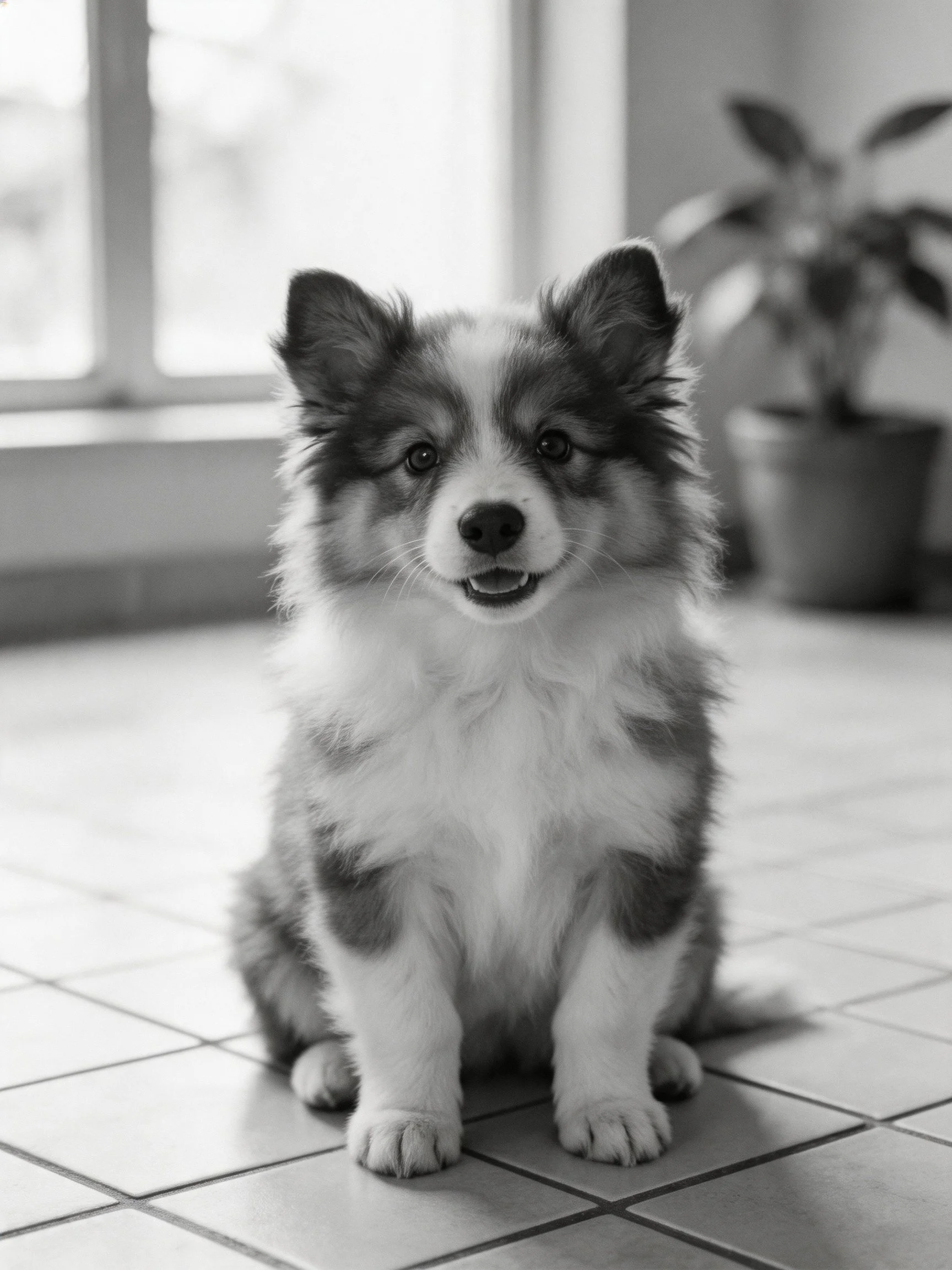 A small dog sits on tiled flooring in an indoor setting with natural light and a potted plant.