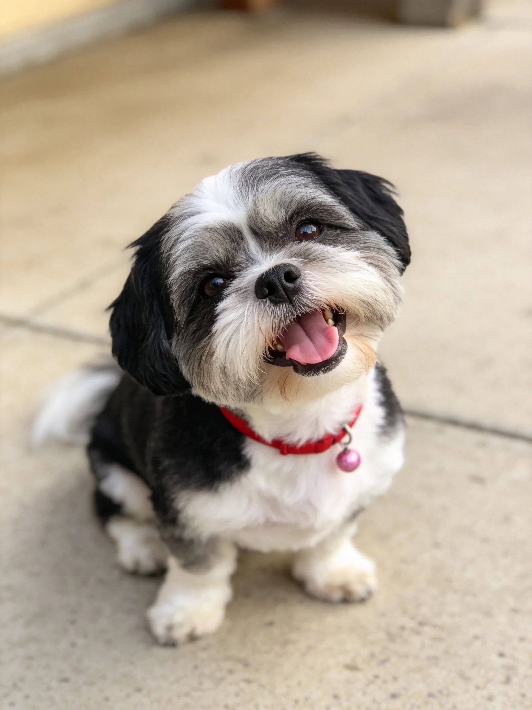 A cheerful multicolored dog with a red collar sits on a concrete surface