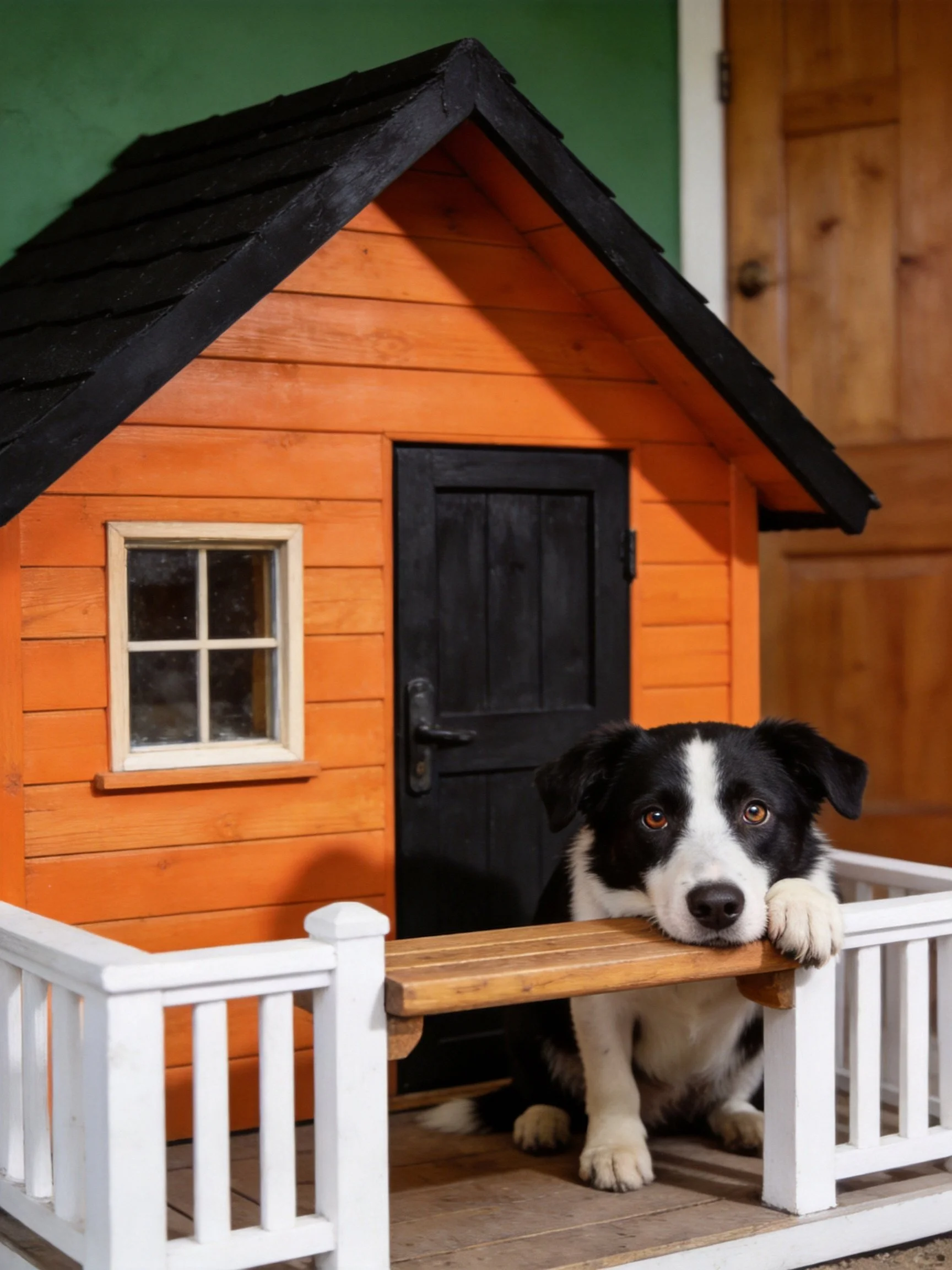 A black-and-white dog rests near an orange wooden doghouse with a black roof.