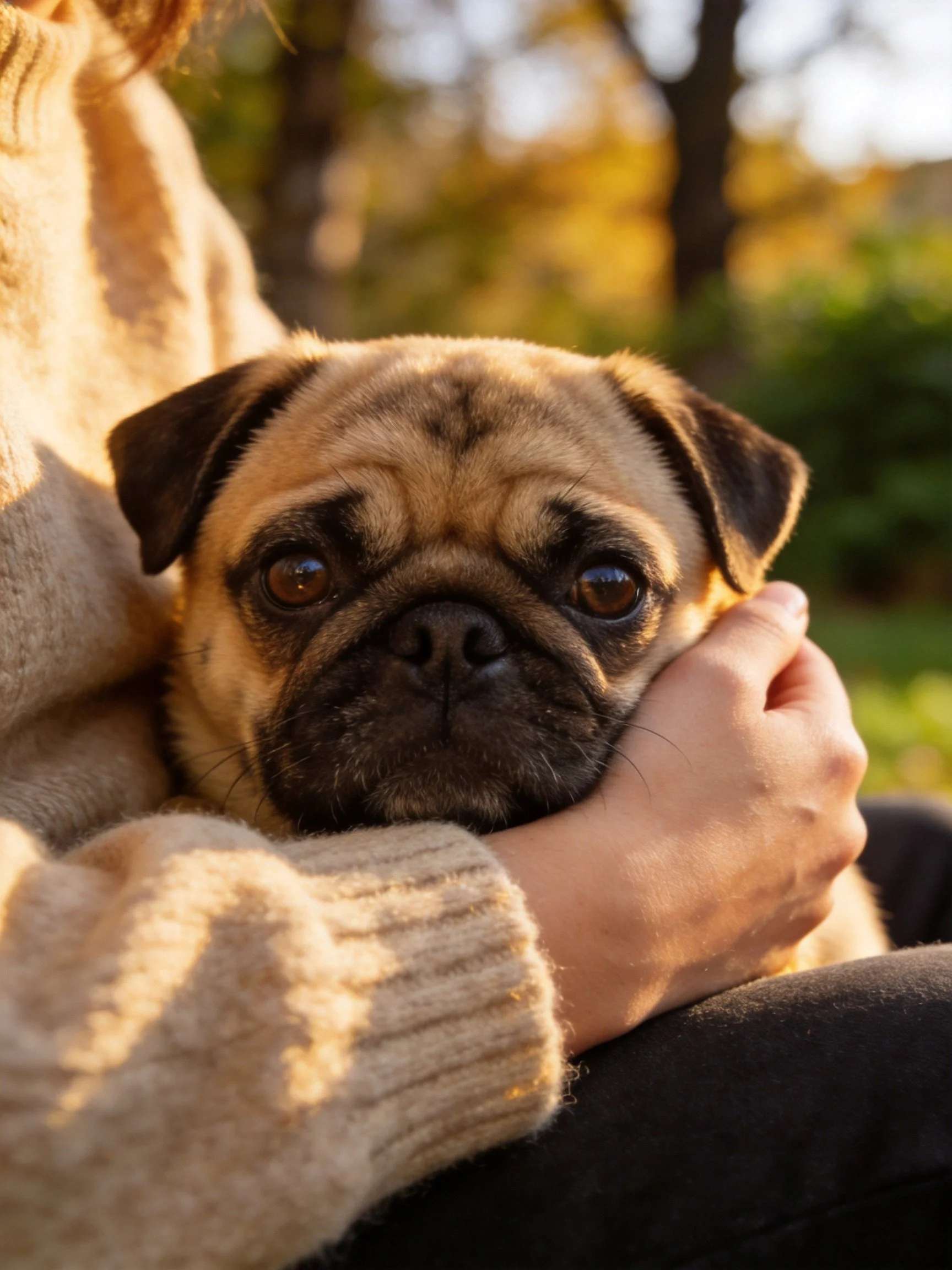 A small pug dog resting in a persons arms, wearing a beige sweater, under golden sunlight