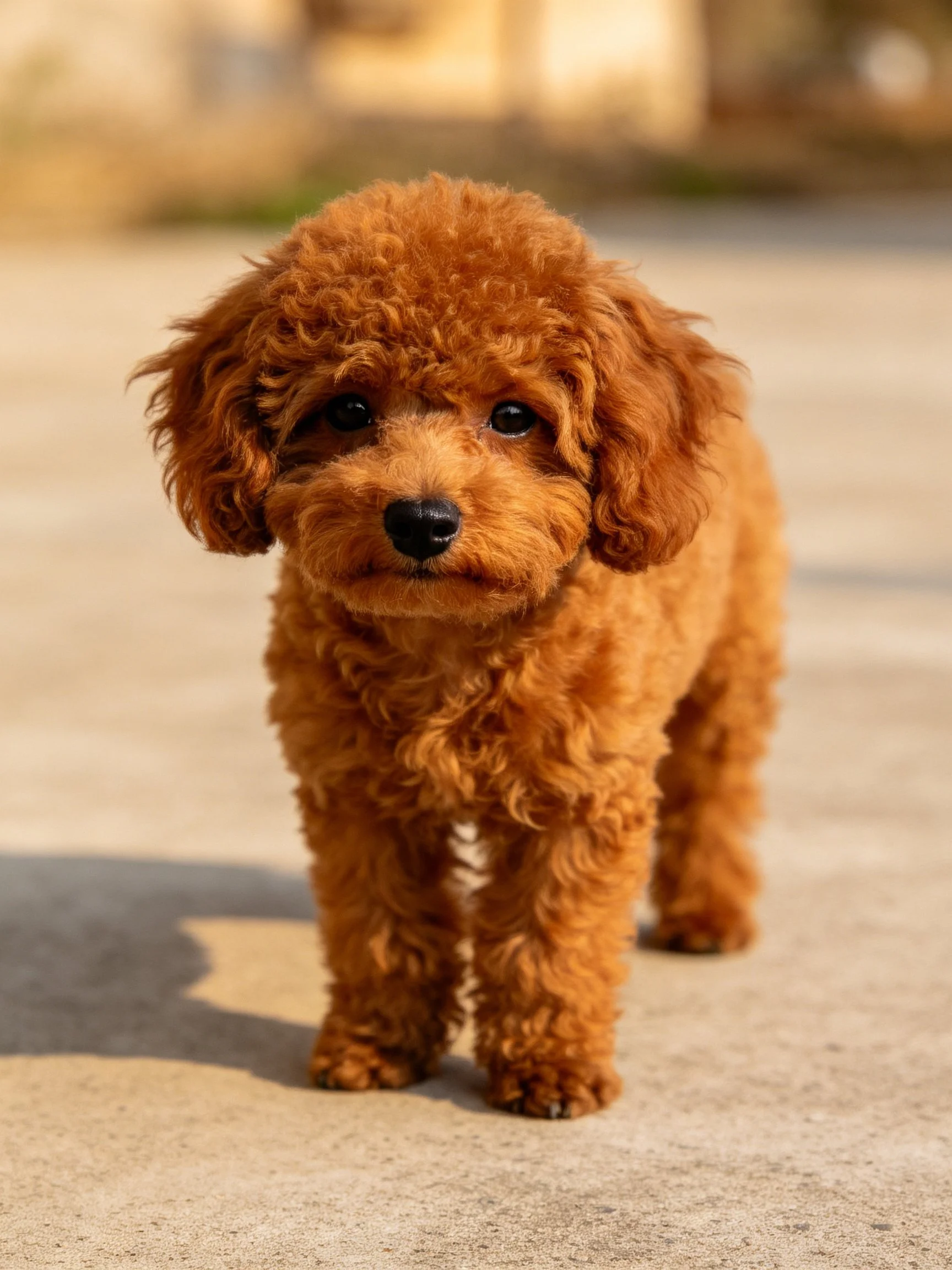 A small reddish - brown curly - haired puppy stands on a sunlit concrete surface.