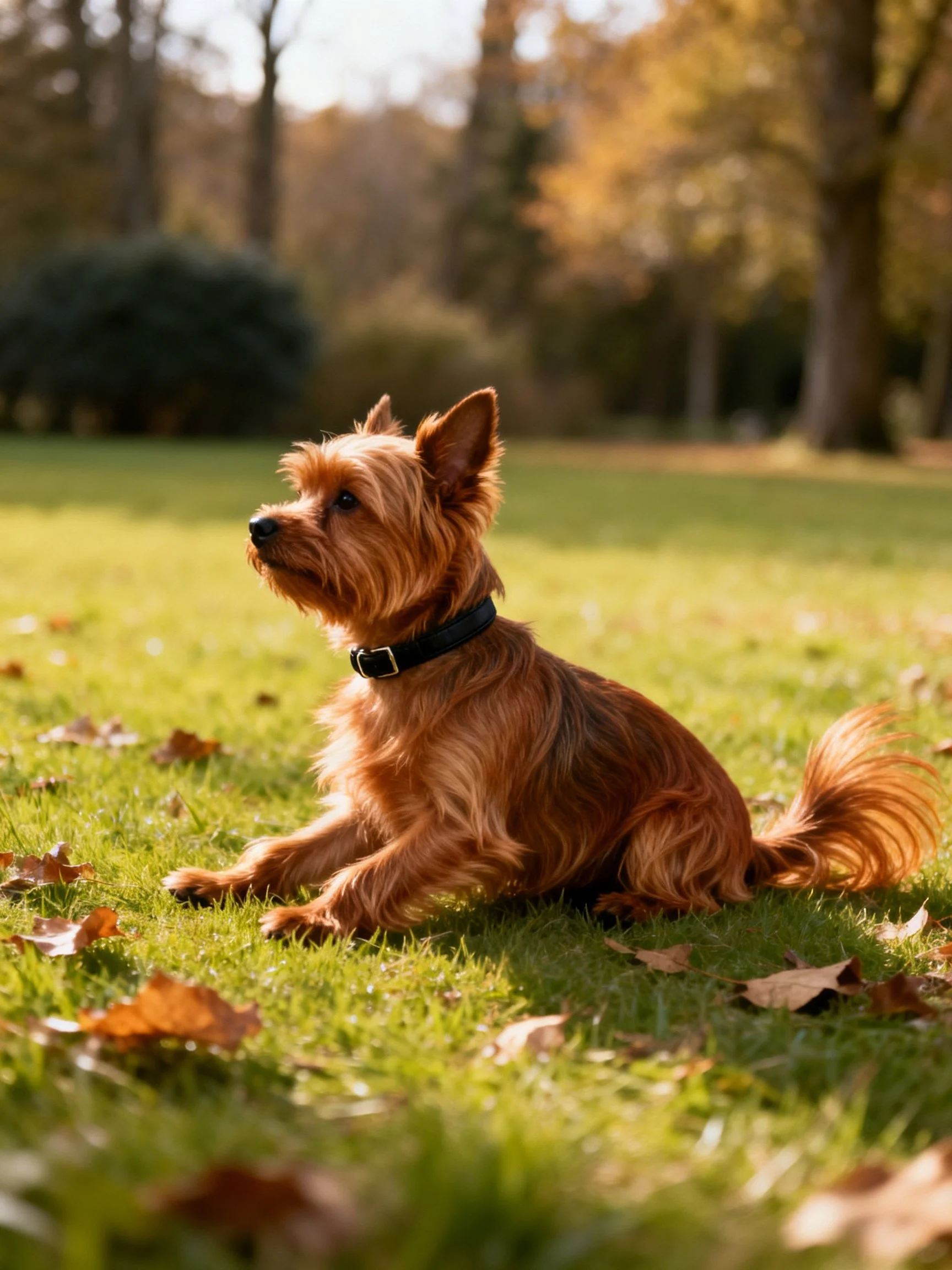 A small reddish-brown dog relaxes on a grassy field with fallen leaves