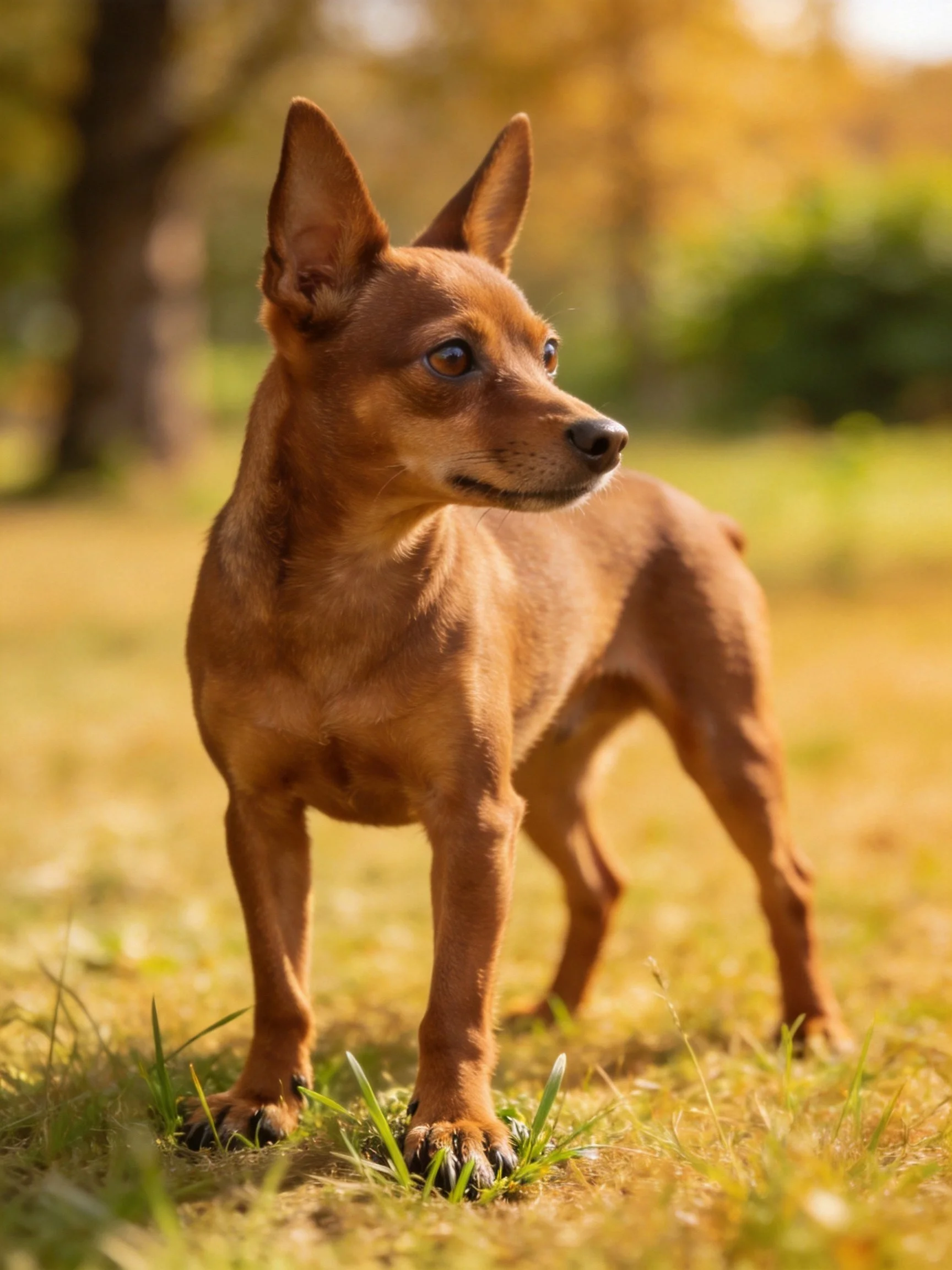 A small reddish-brown dog stands alert in a sunlit outdoor environment.