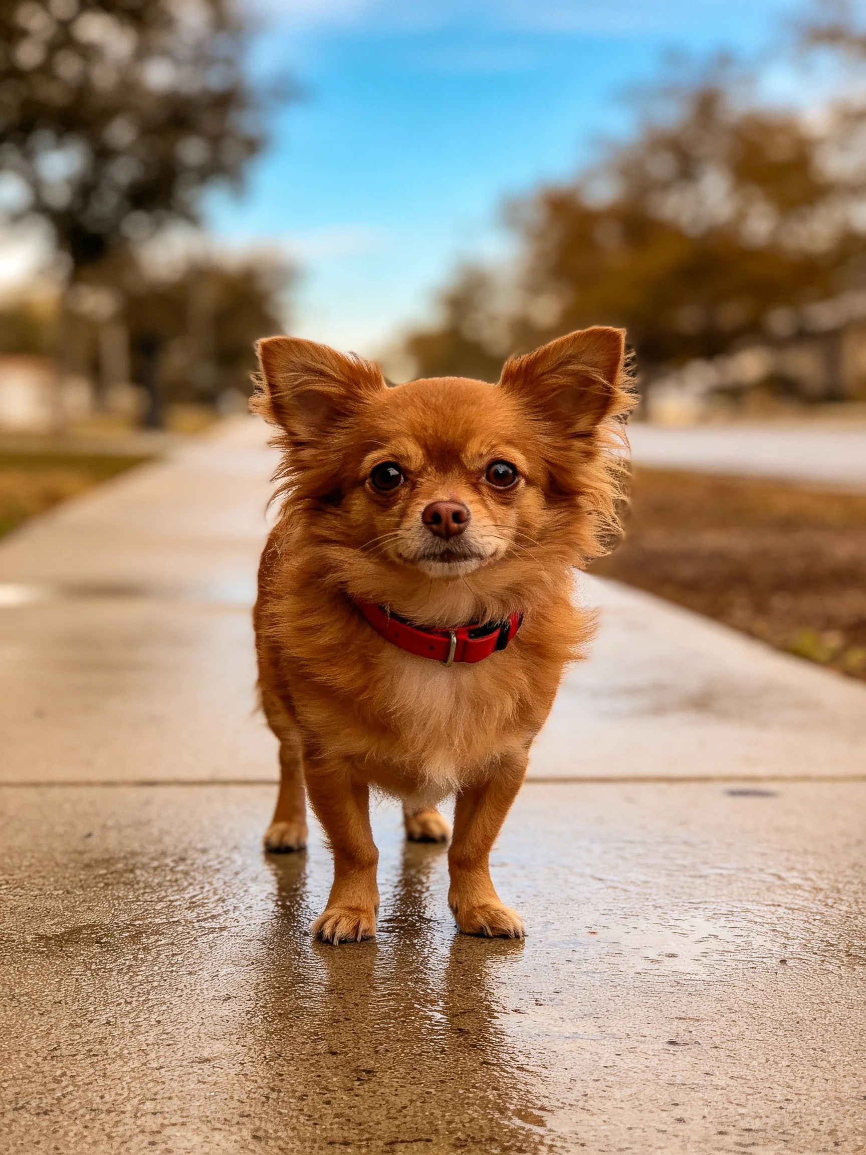A small brown dog with a red collar stands on a wet sidewalk.