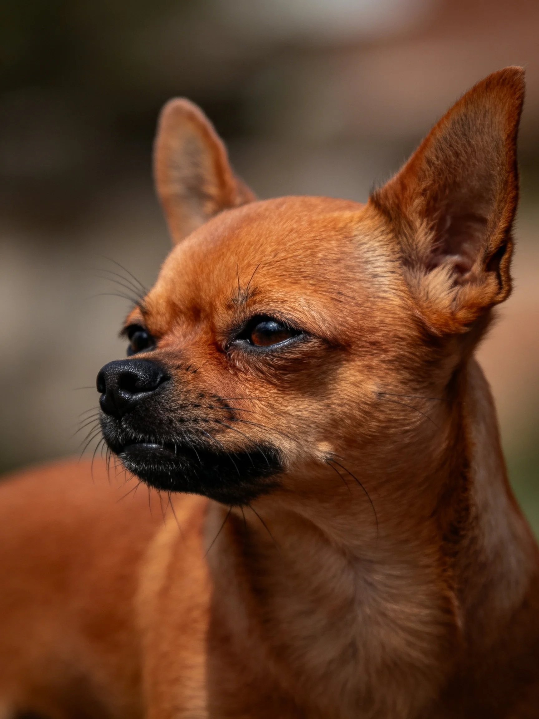 A small reddish-brown dog with upright ears gazes attentively off-camera.
