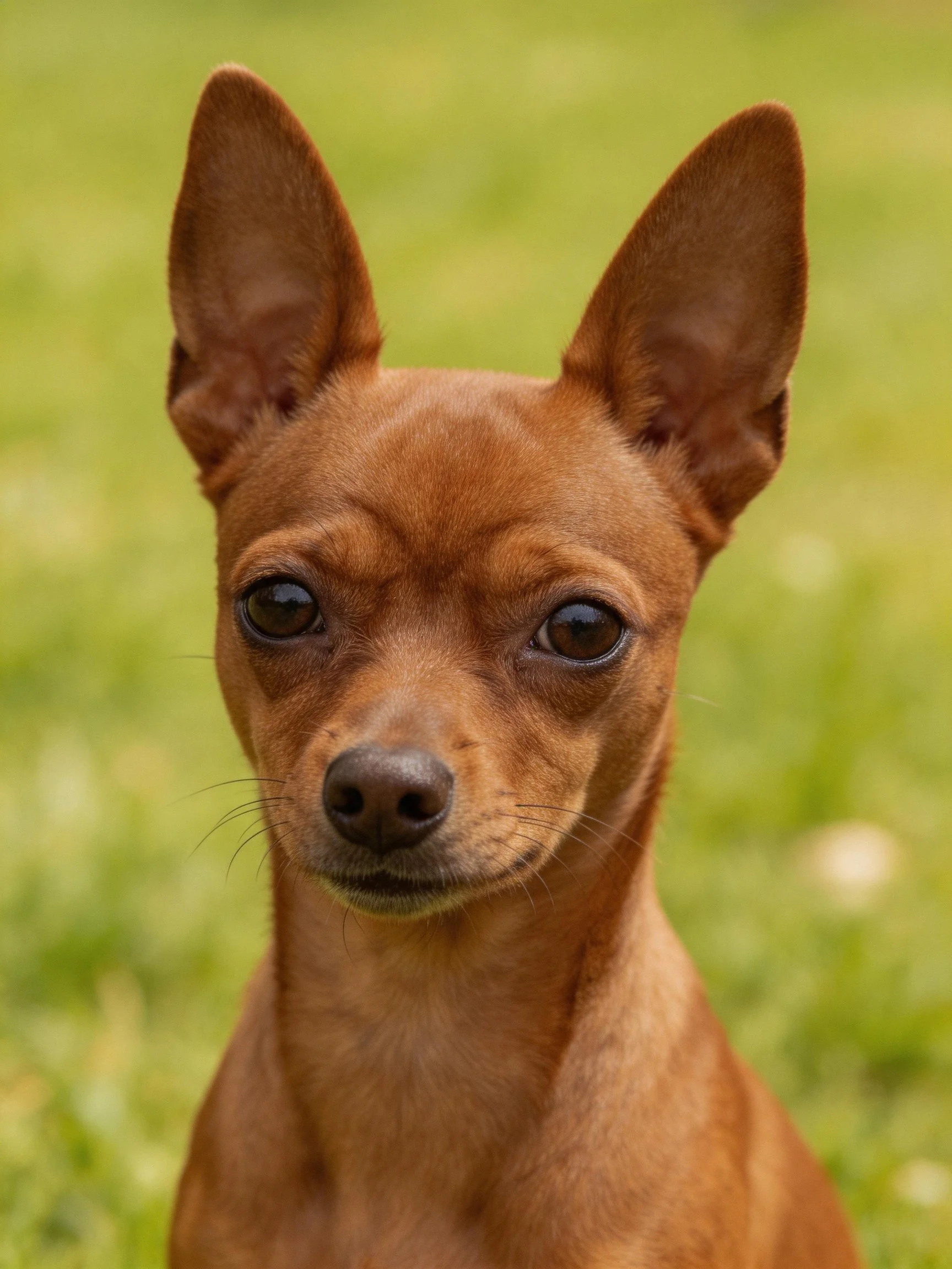 A small reddish-brown dog with upright ears is positioned on a grassy outdoor area.