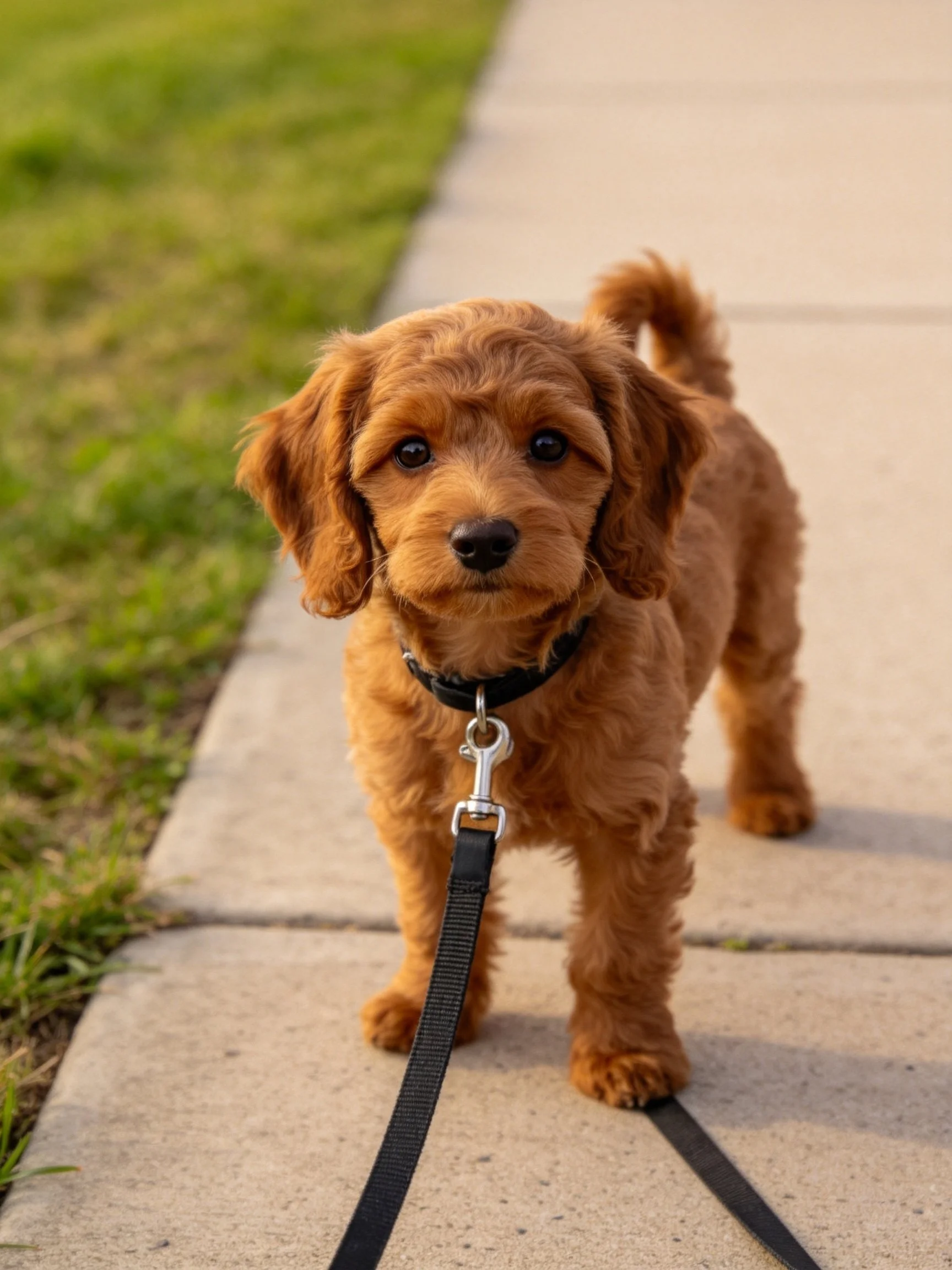 A small reddish-brown puppy stands on a concrete walkway with a leash