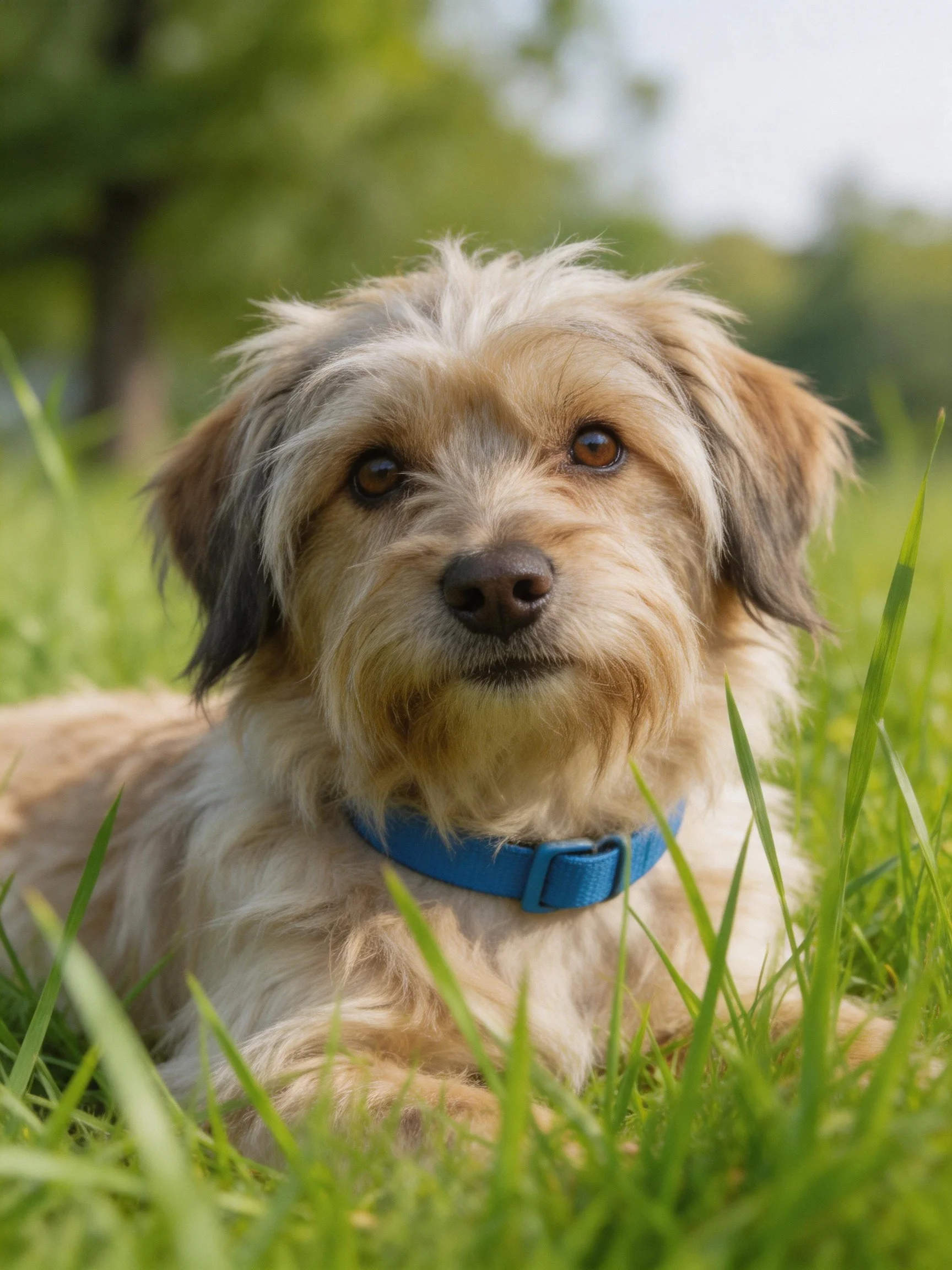 A small shaggy - coated dog lies in tall green grass with a bright blue collar.