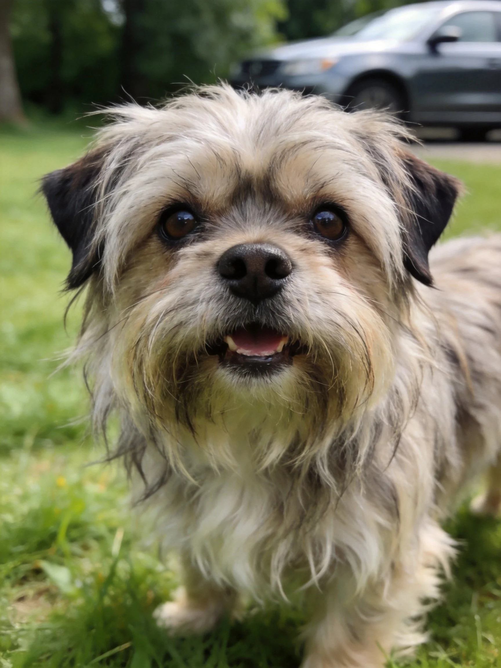 A small shaggy-coated dog stands on grass with a car in the background