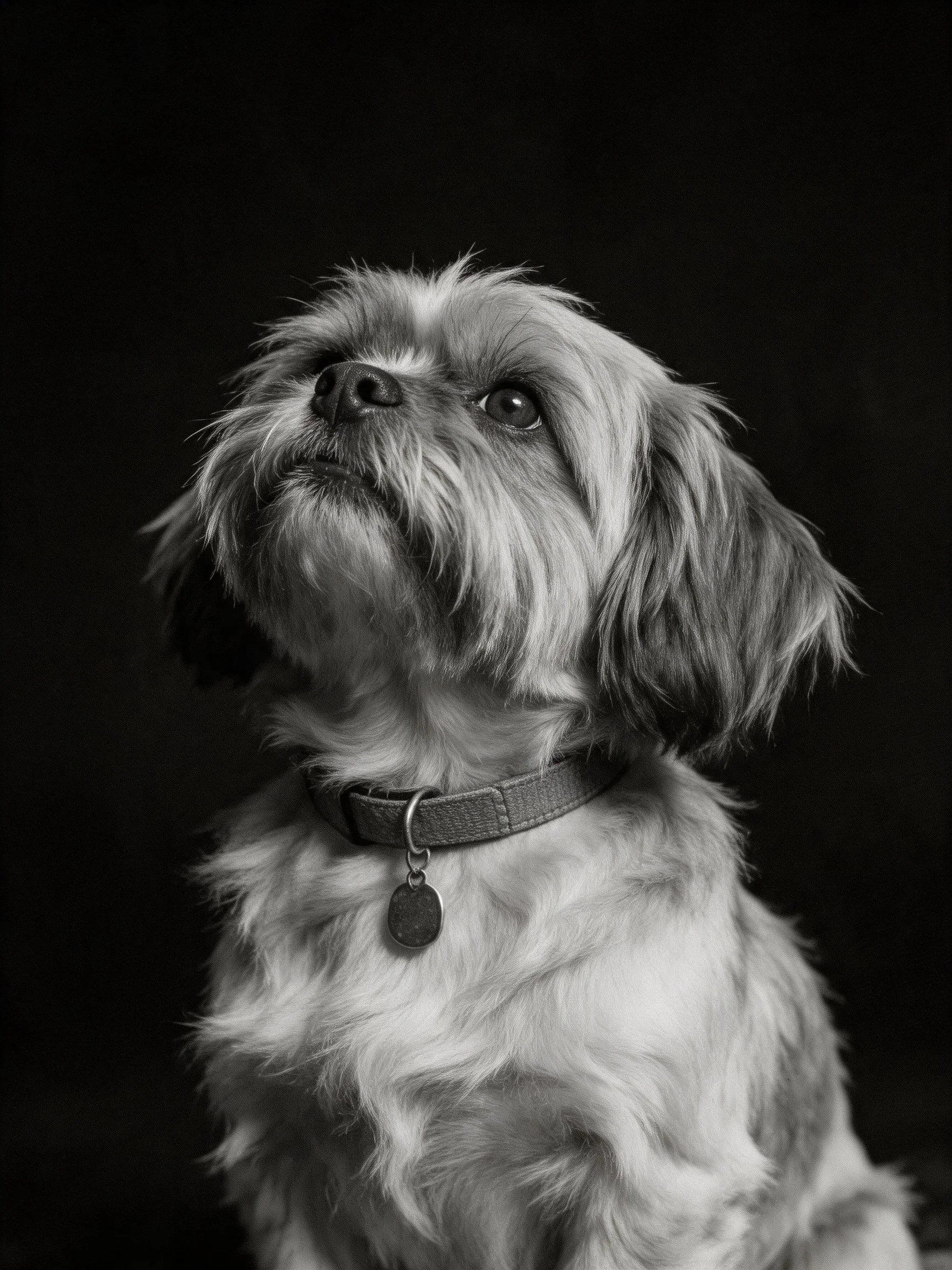 A small shaggy dog looks upward against a dark backdrop.