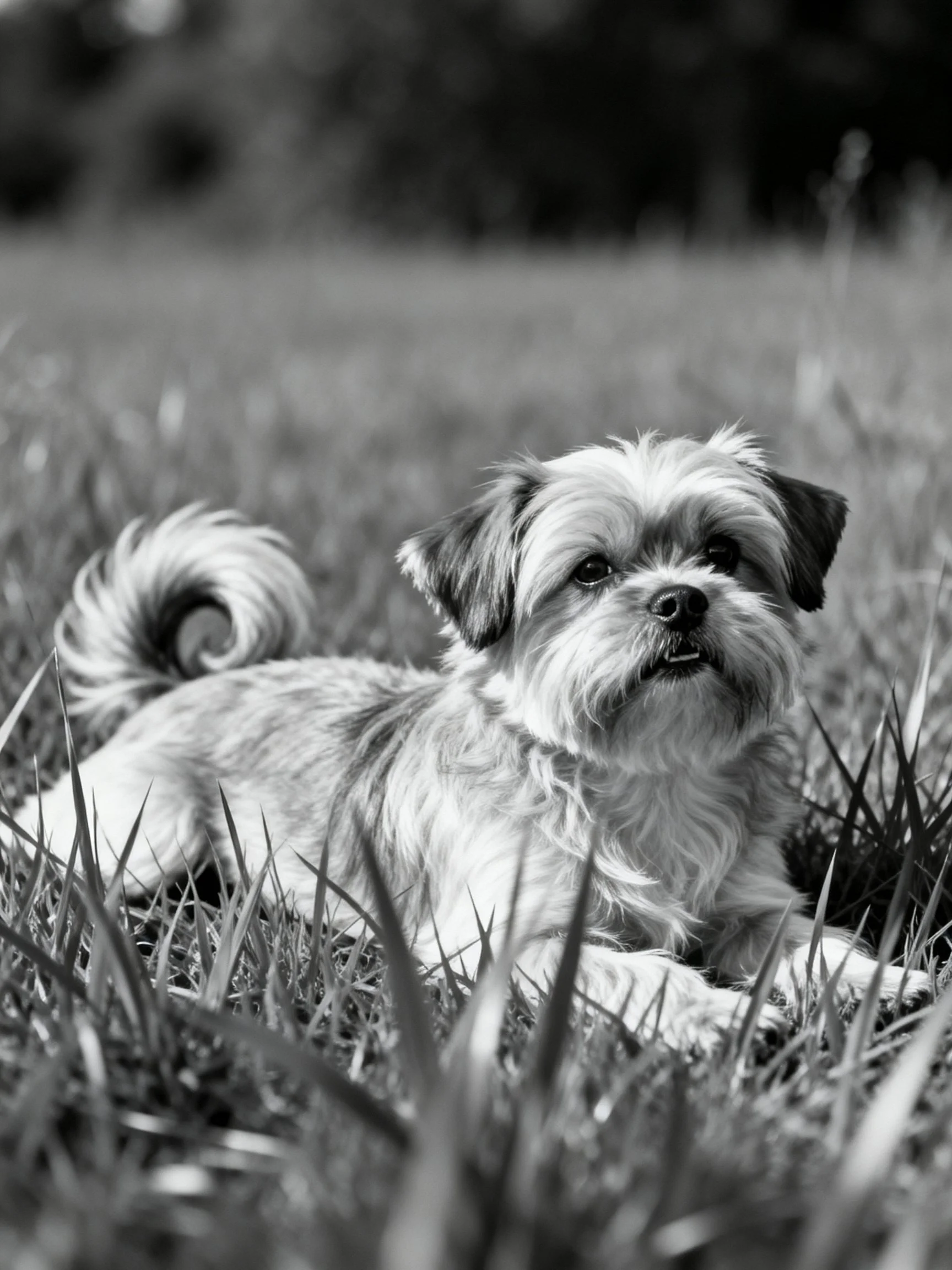 A small dog rests peacefully among tall grass in a black and white photograph.