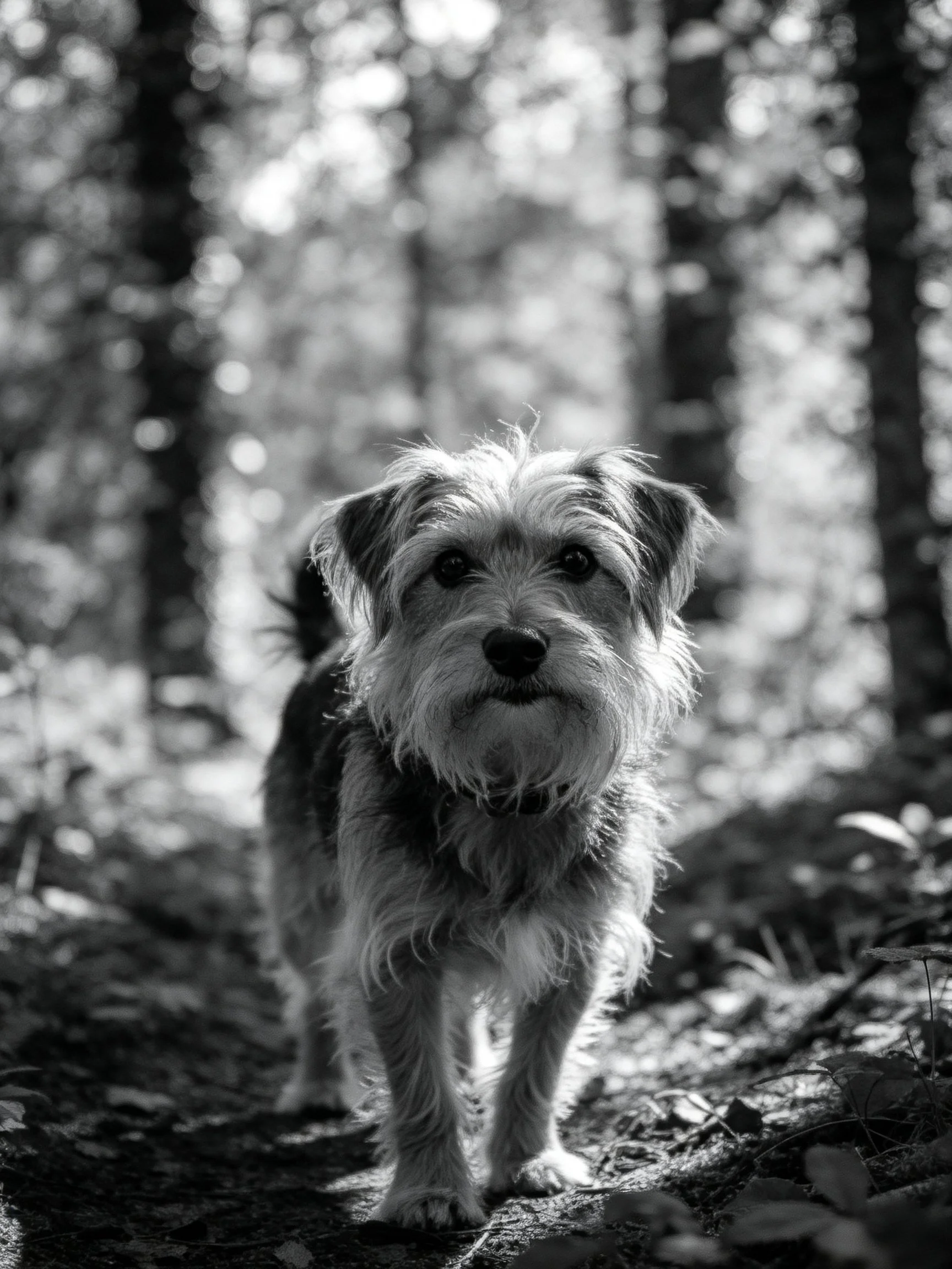 A small shaggy dog stands on a forest path among tall trees.