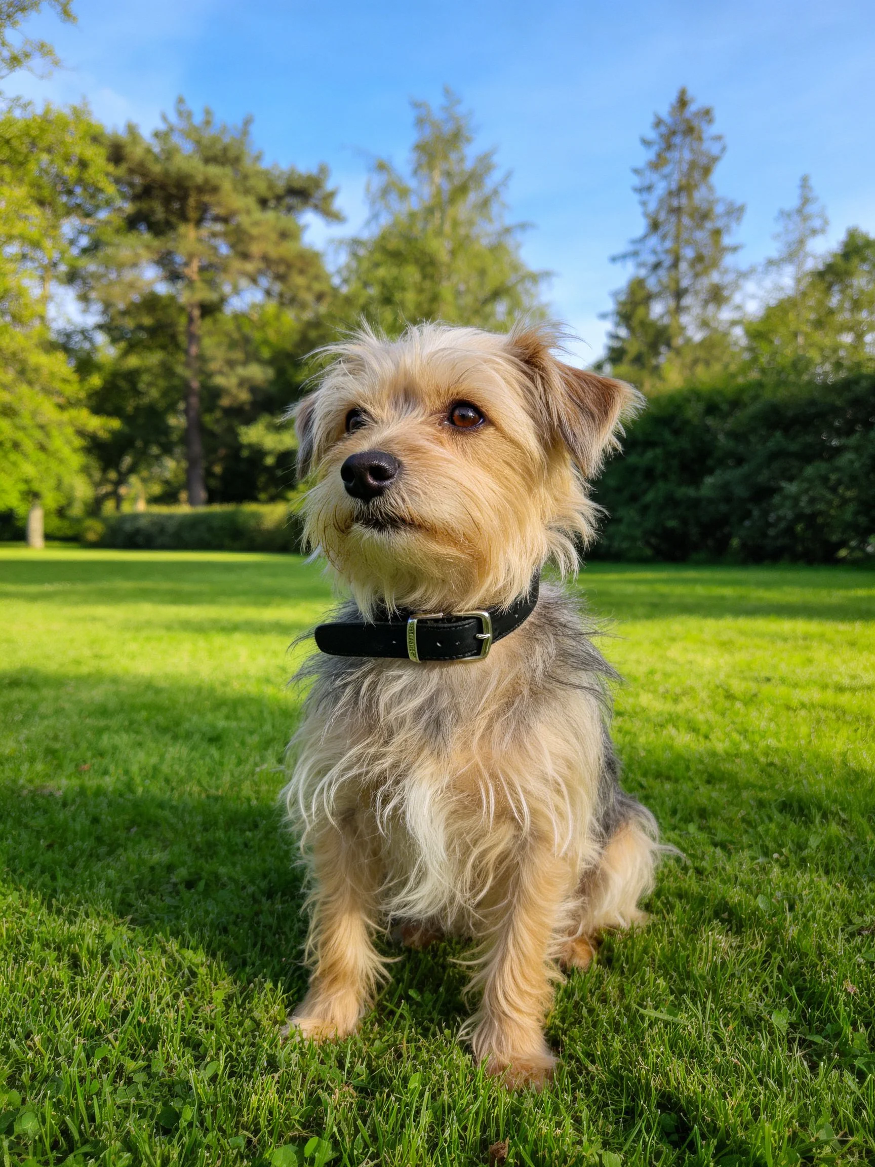 A small shaggy dog sits calmly on a lush green lawn among tall trees.