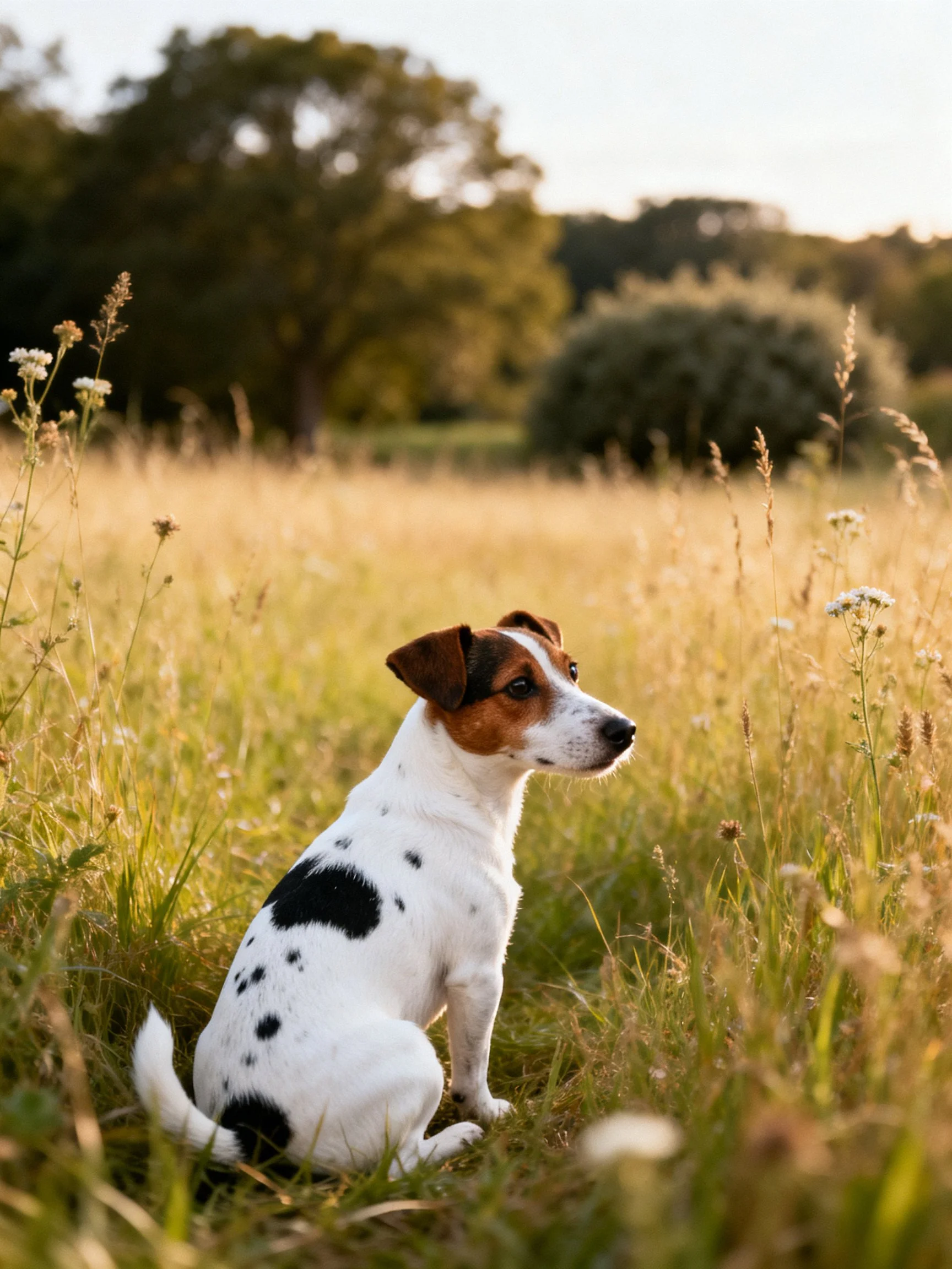 A small spotted dog sits calmly in a sunlit meadow with trees.