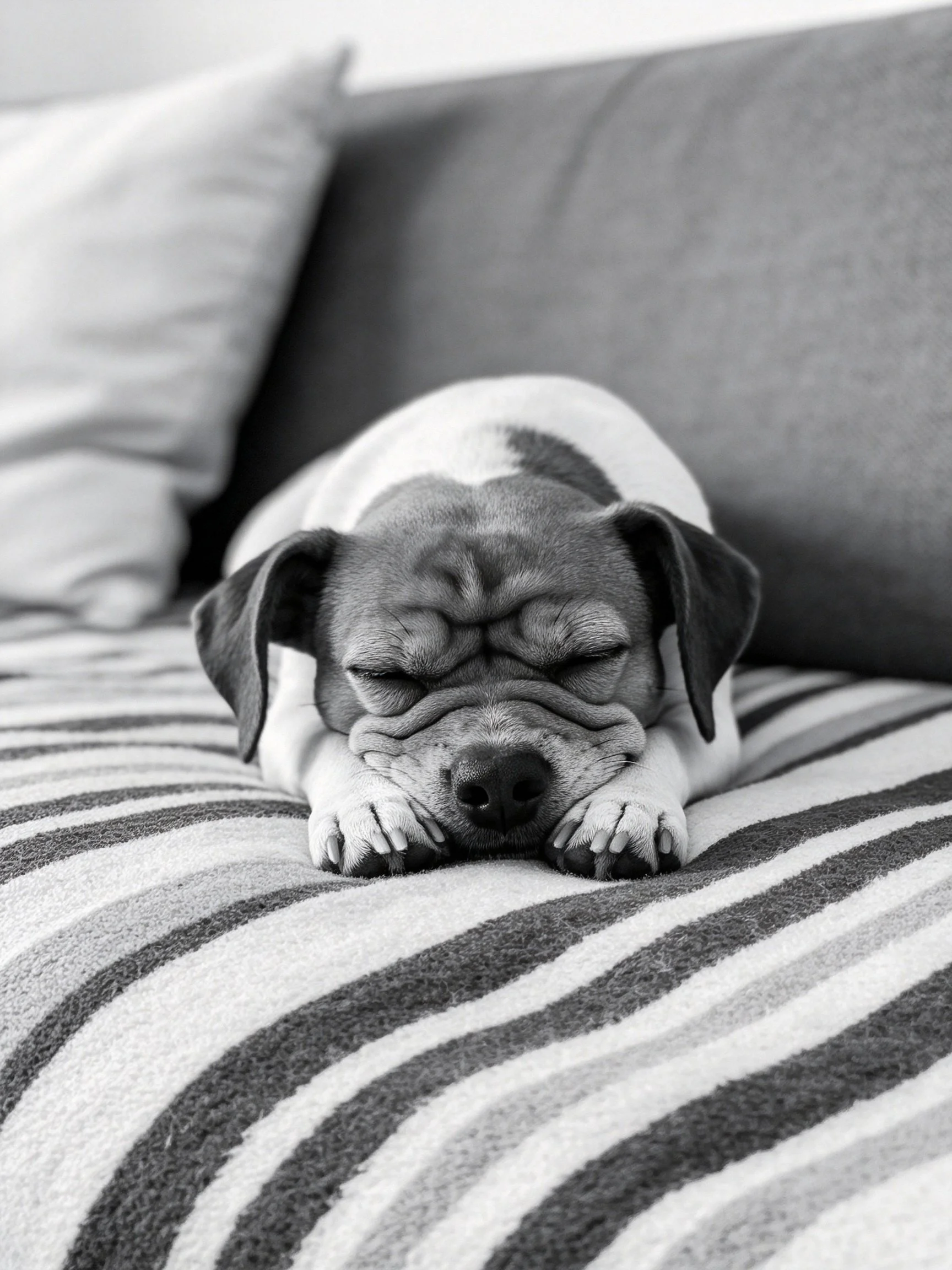 A small spotted puppy sleeps on striped fabric cushions.